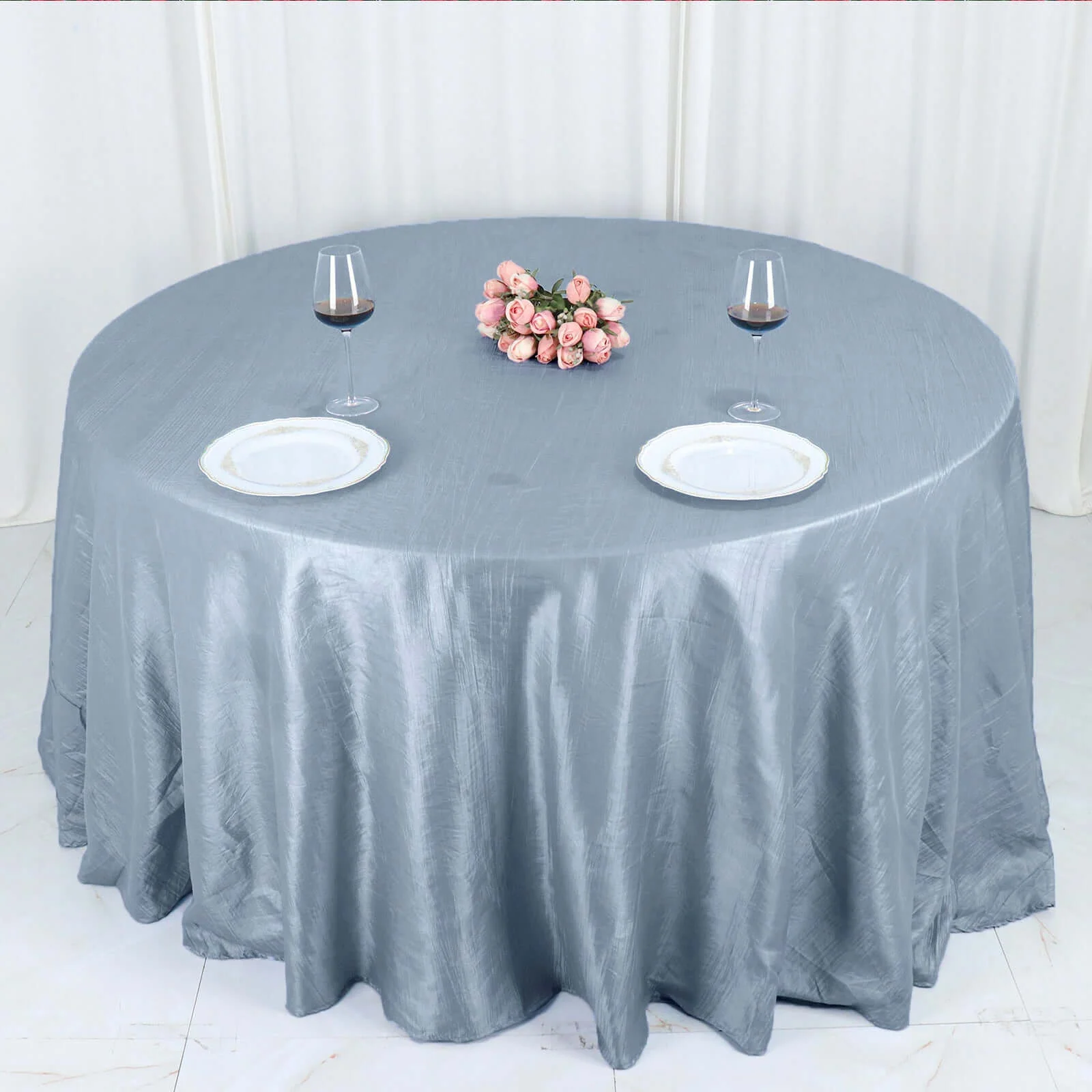 Taffeta Round Tablecloth 132" Dusty Blue Accordion Crinkle Table Cover - Image 3