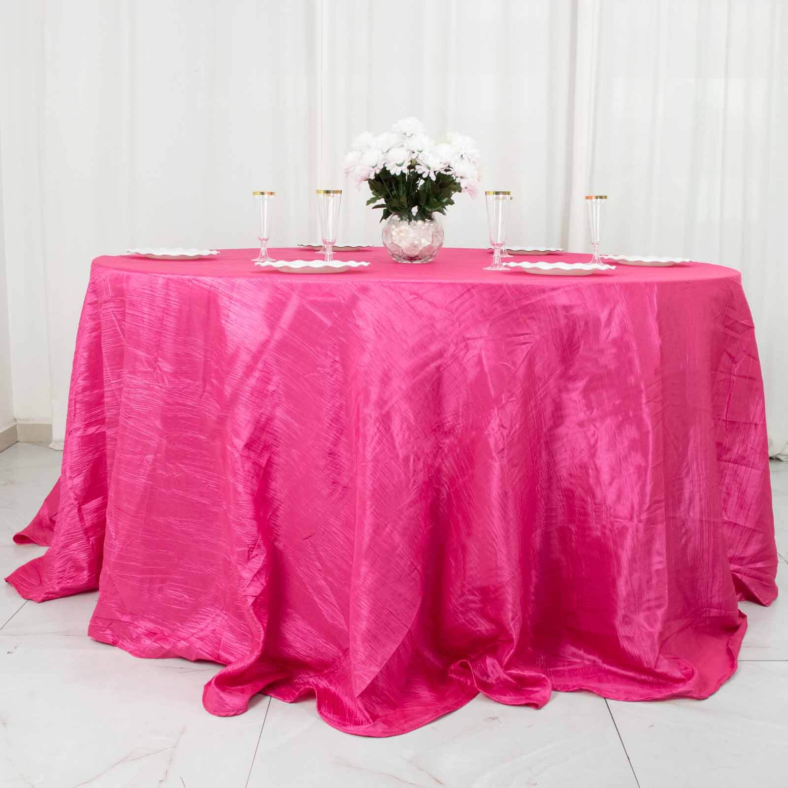 Taffeta Round Tablecloth 132" Fuchsia Accordion Crinkle Table Cover - Image 6