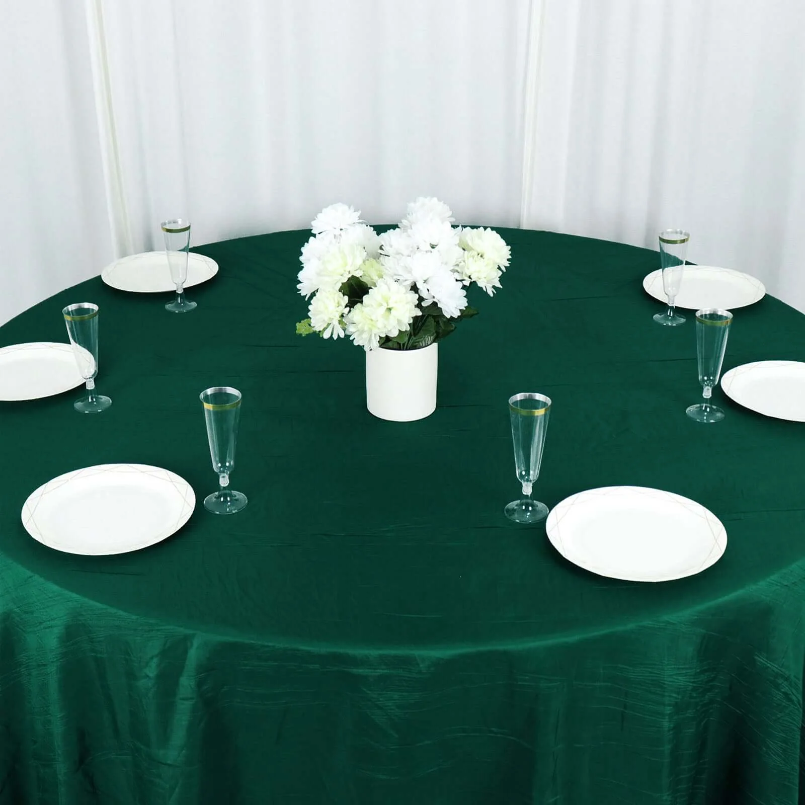 Taffeta Round Tablecloth 132" Hunter Emerald Green Accordion Crinkle Table Cover - Image 2