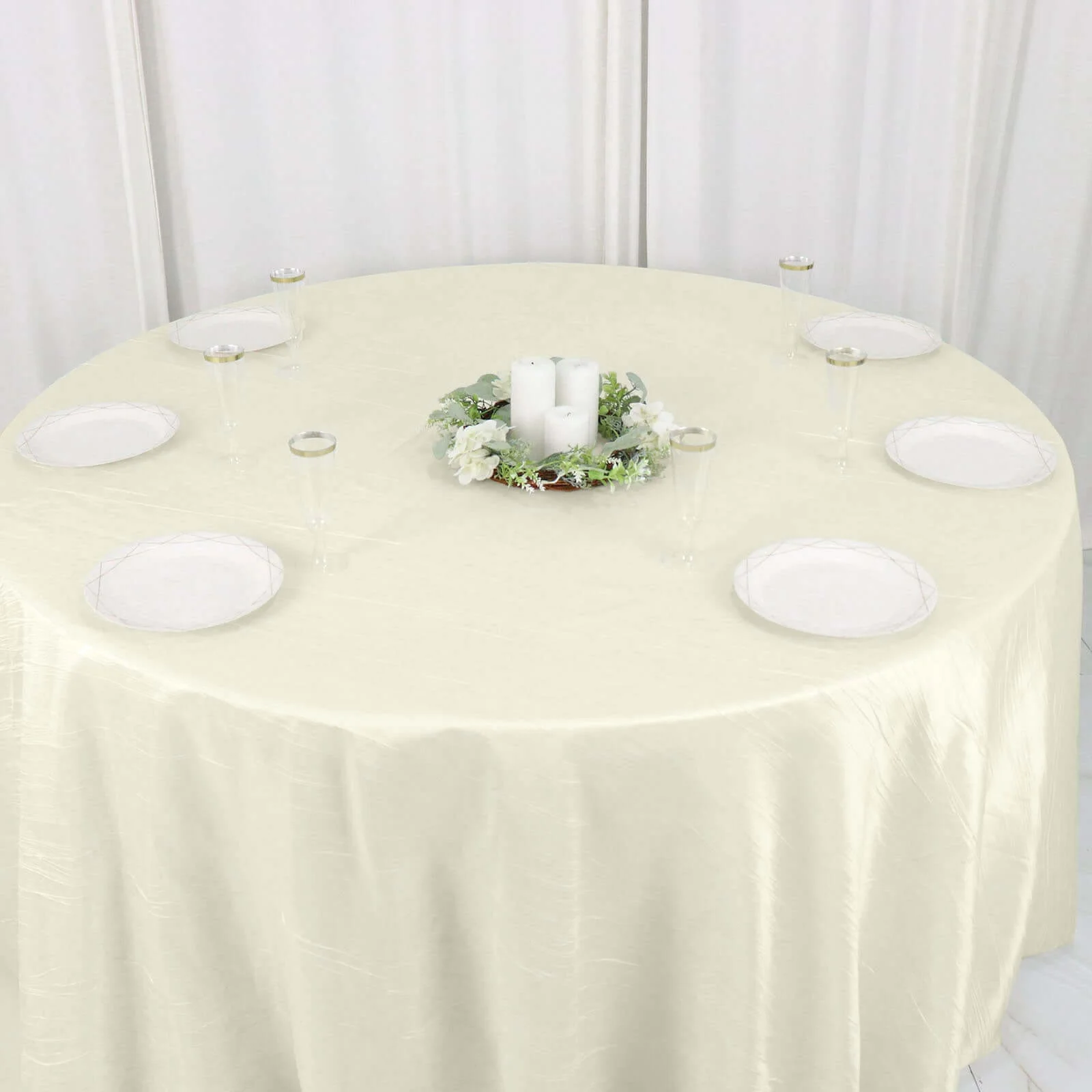 Taffeta Round Tablecloth 132" Ivory Accordion Crinkle Table Cover - Image 2