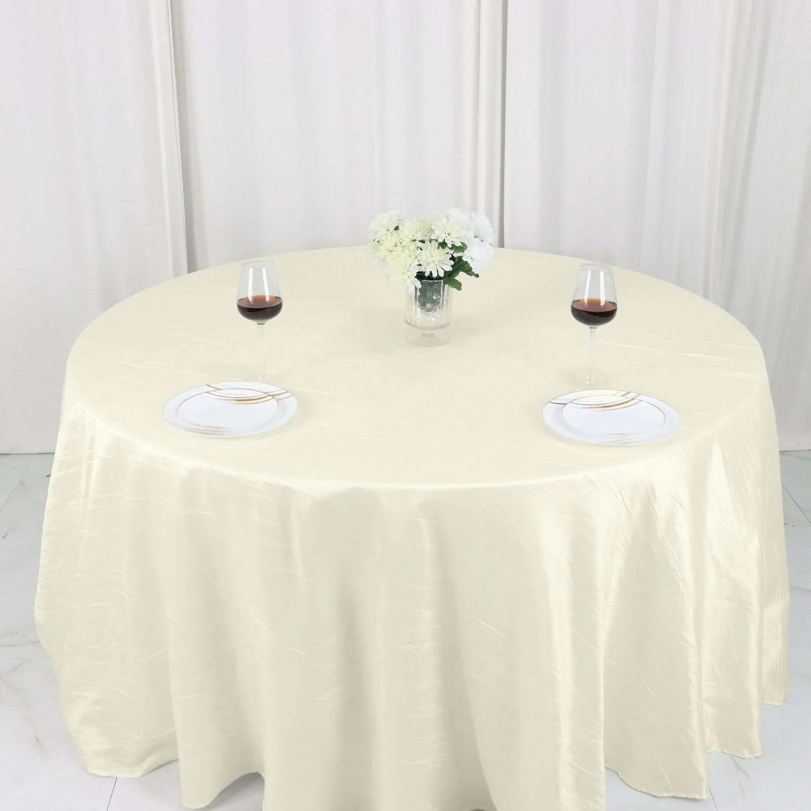 Taffeta Round Tablecloth 132" Ivory Accordion Crinkle Table Cover - Image 3