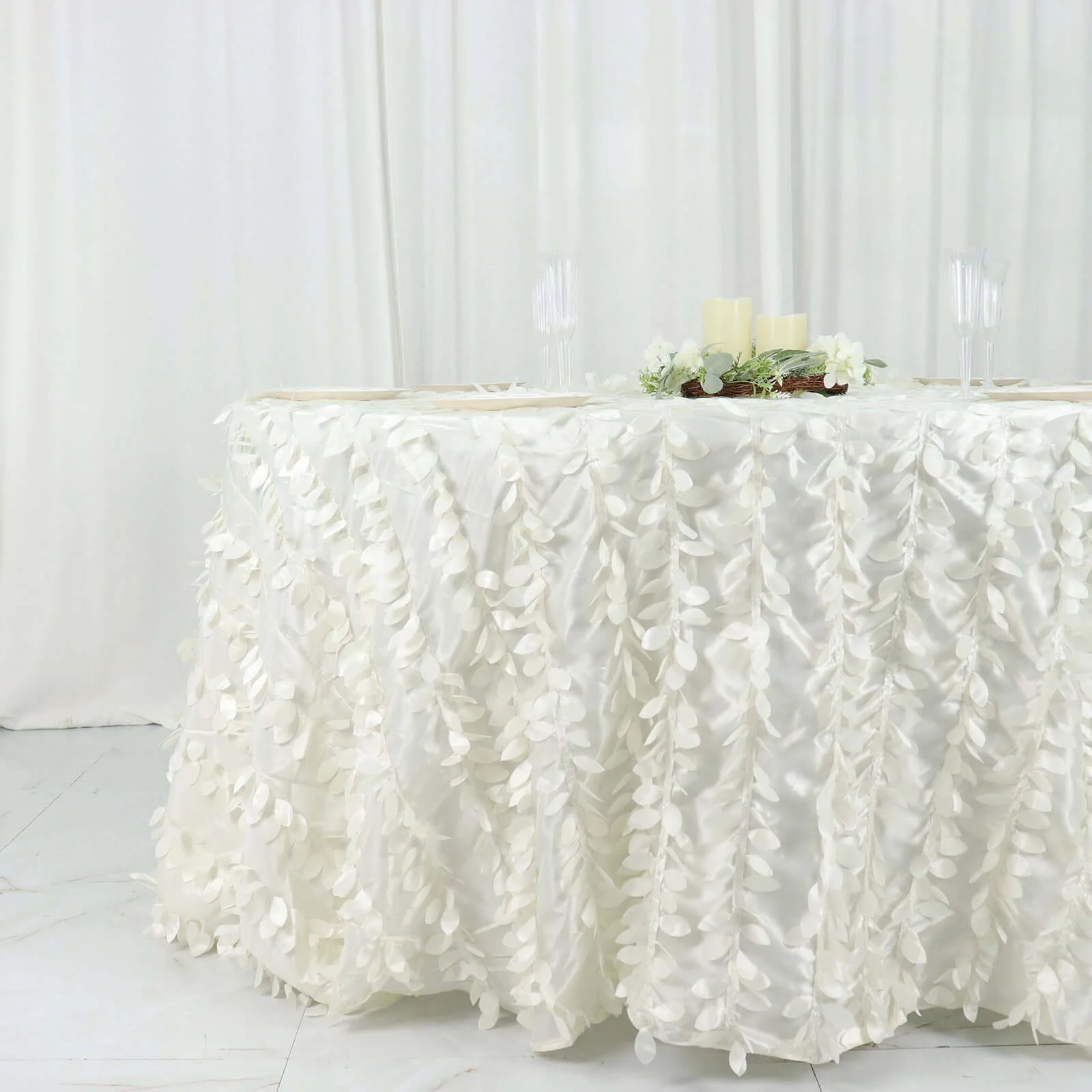 Taffeta Round Tablecloth 132" Ivory - Hand-sewn Leaf Petal Seamless Table Cover - Image 2