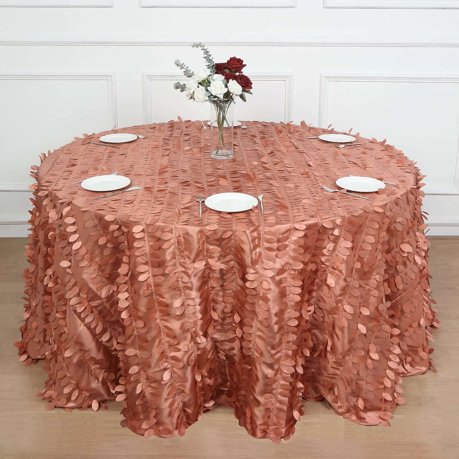 Taffeta Round Tablecloth 132" Terracotta (Rust) - Hand-sewn Leaf Petal Seamless Table Cover - Image 6