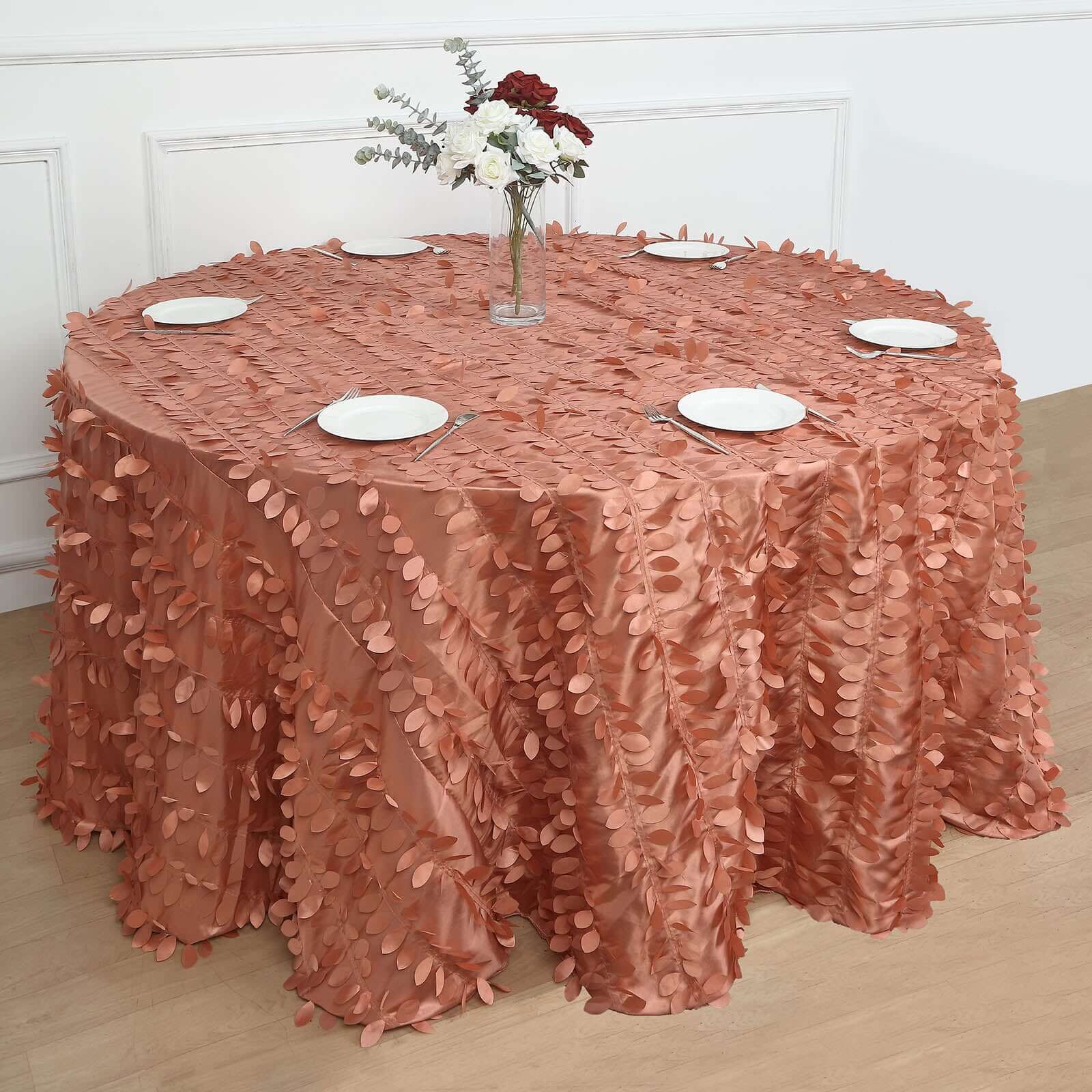 Taffeta Round Tablecloth 132" Terracotta (Rust) - Hand-sewn Leaf Petal Seamless Table Cover - Image 8