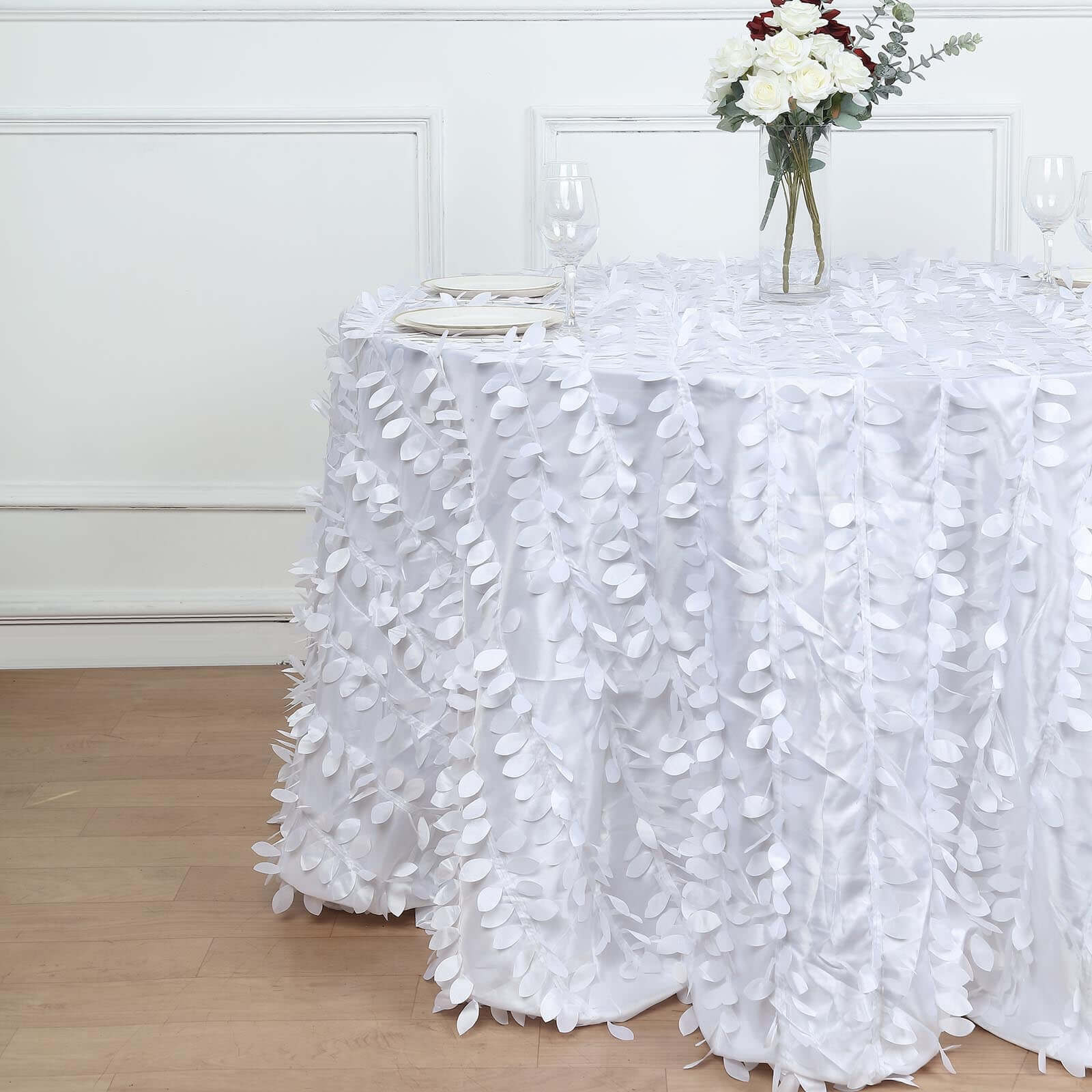 Taffeta Round Tablecloth 132" White 3D Leaf Petal Design Seamless Table Cover for Upscale Gatherings - Image 2