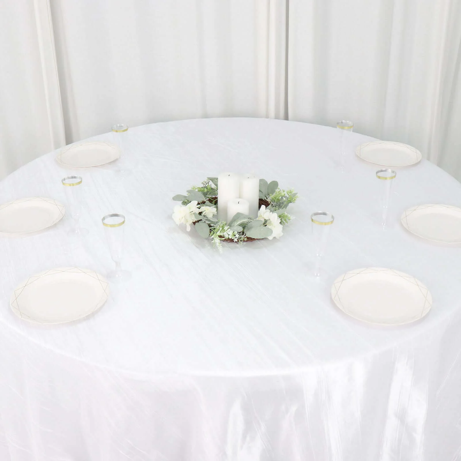 Taffeta Round Tablecloth 132" White with Accordion Crinkle Design - Chic Decor for Celebrations - Image 7