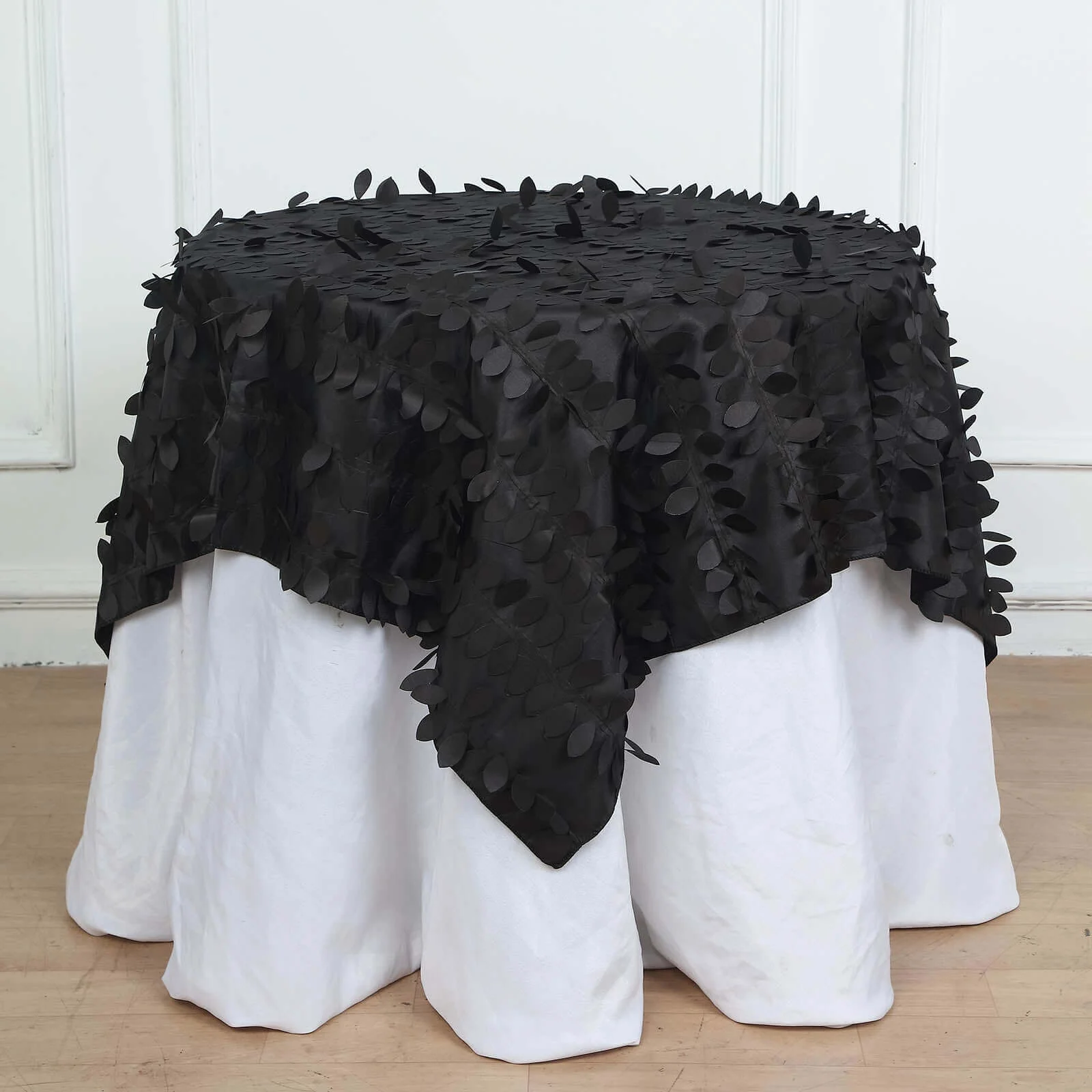 Taffeta Square Table Overlay 54"x54" Black - 3D Leaf Petal Design for Upscale Gatherings - Image 3