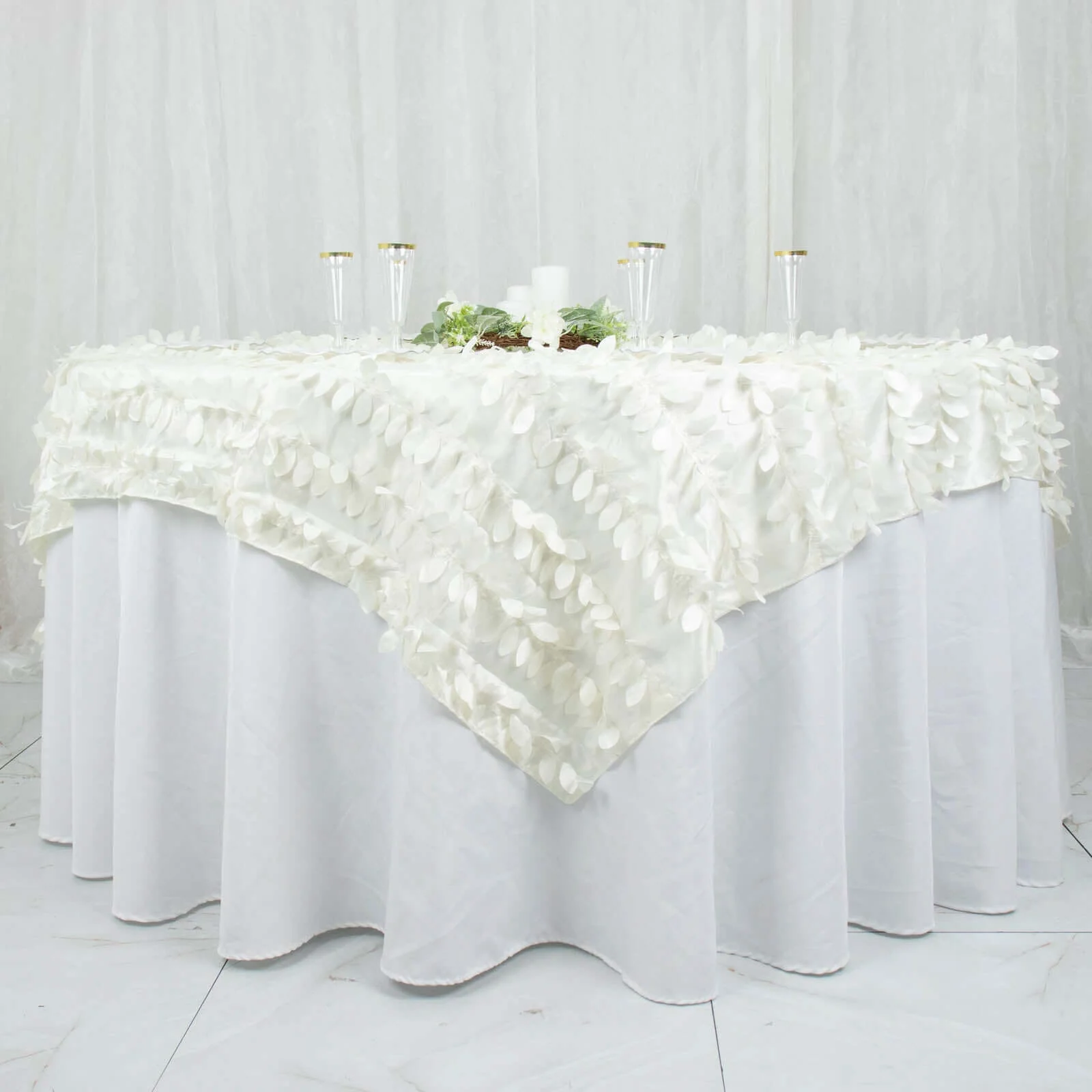 Taffeta Square Table Overlay 54"x54" Ivory - 3D Leaf Petal Tablecloth Topper