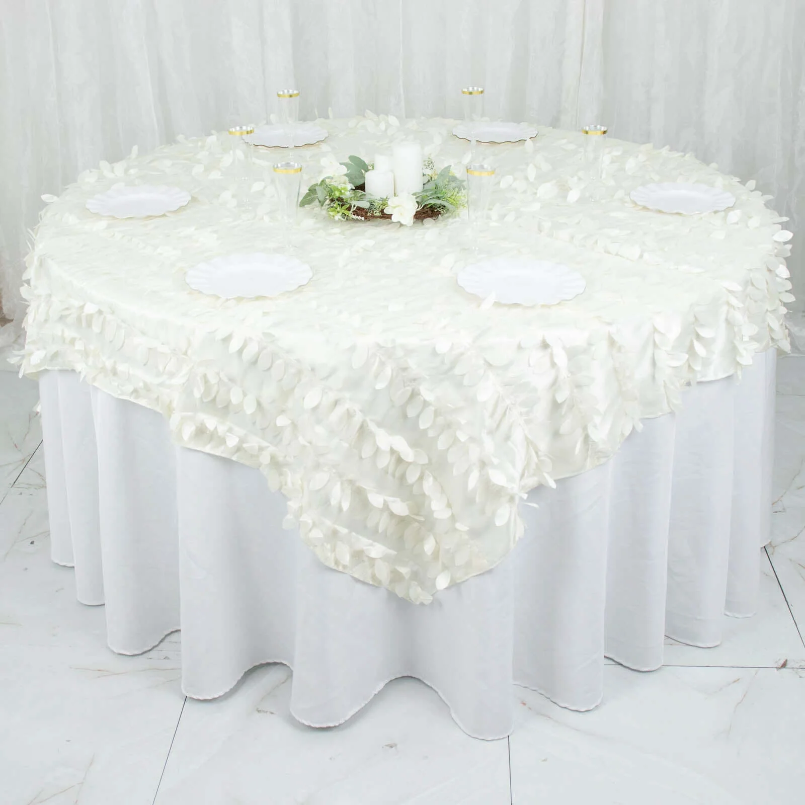 Taffeta Square Table Overlay 54"x54" Ivory - 3D Leaf Petal Tablecloth Topper - Image 8