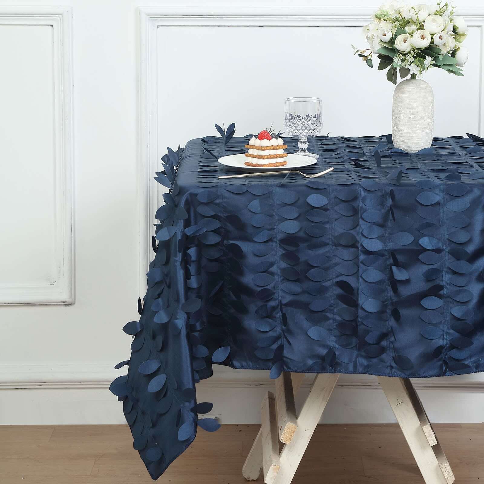 Taffeta Square Table Overlay 54"x54" Navy Blue - 3D Leaf Petal Tablecloth Topper - Image 2