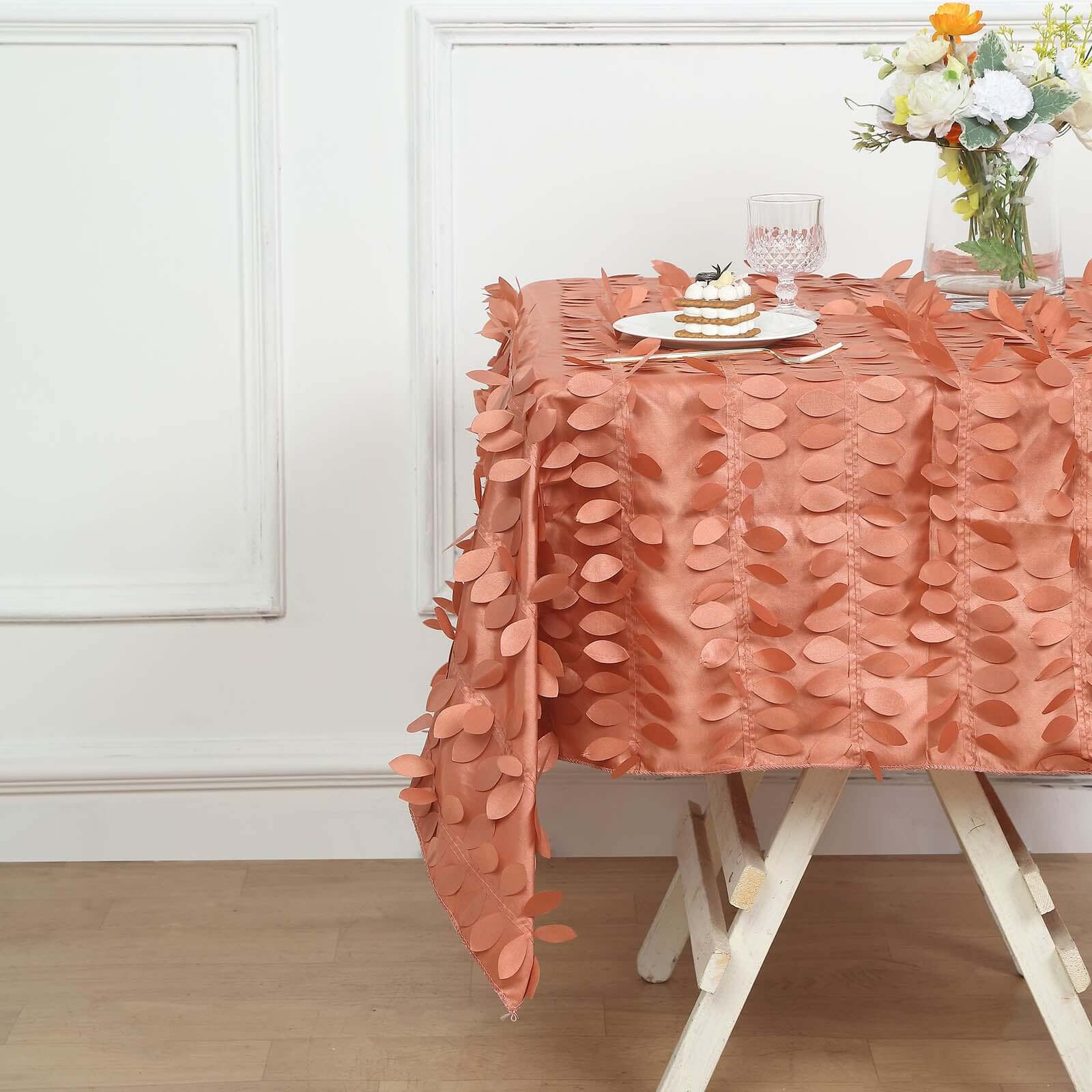 Taffeta Square Table Overlay 54"x54" Terracotta (Rust) - 3D Leaf Petal Tablecloth Topper - Image 2