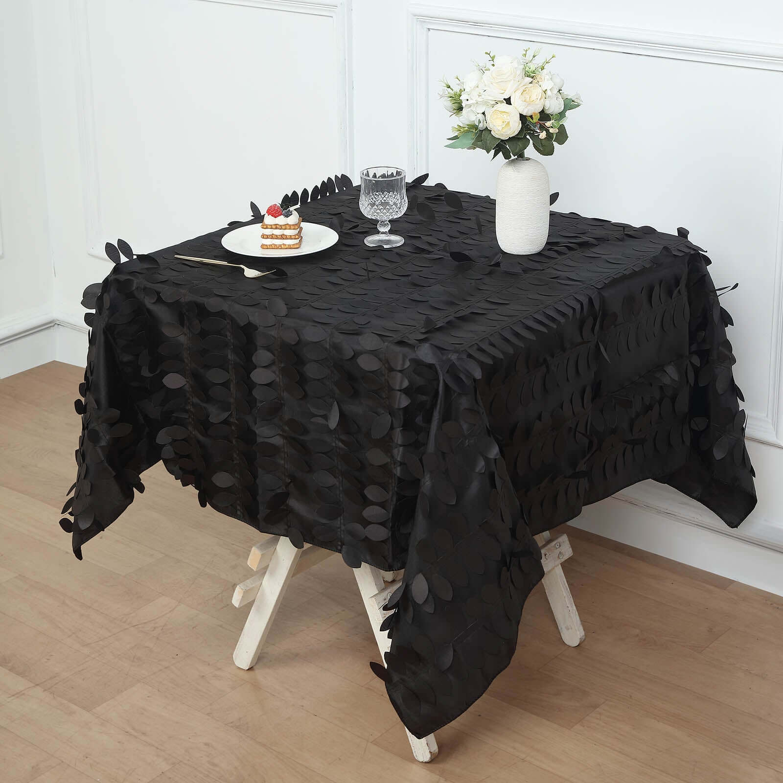 Taffeta Square Tablecloth 54"x54" Black - 3D Leaf Petal Design for Upscale Gatherings - Image 4
