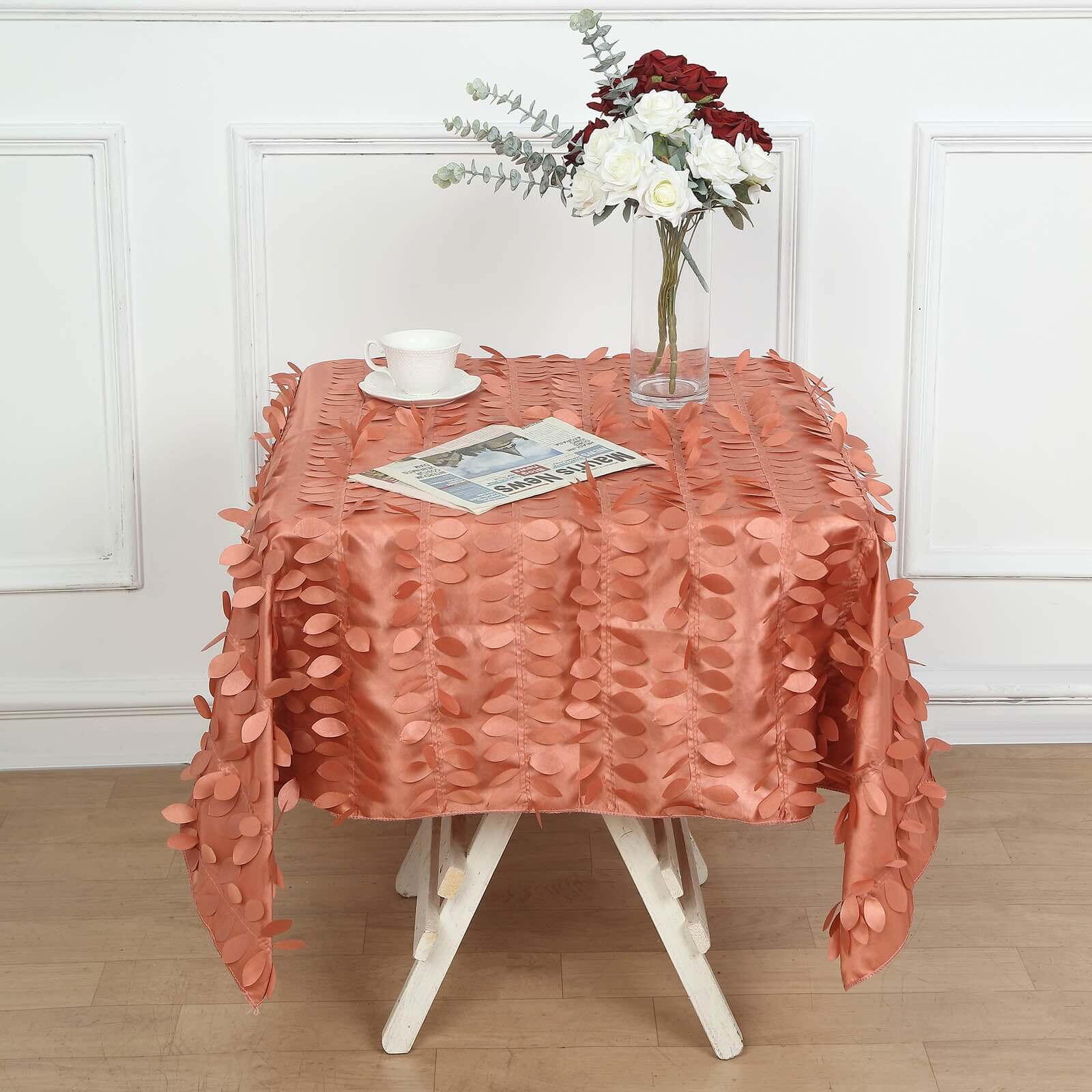 Taffeta Square Tablecloth 54"x54" Terracotta (Rust) - 3D Leaf Petal Table Cover - Image 3