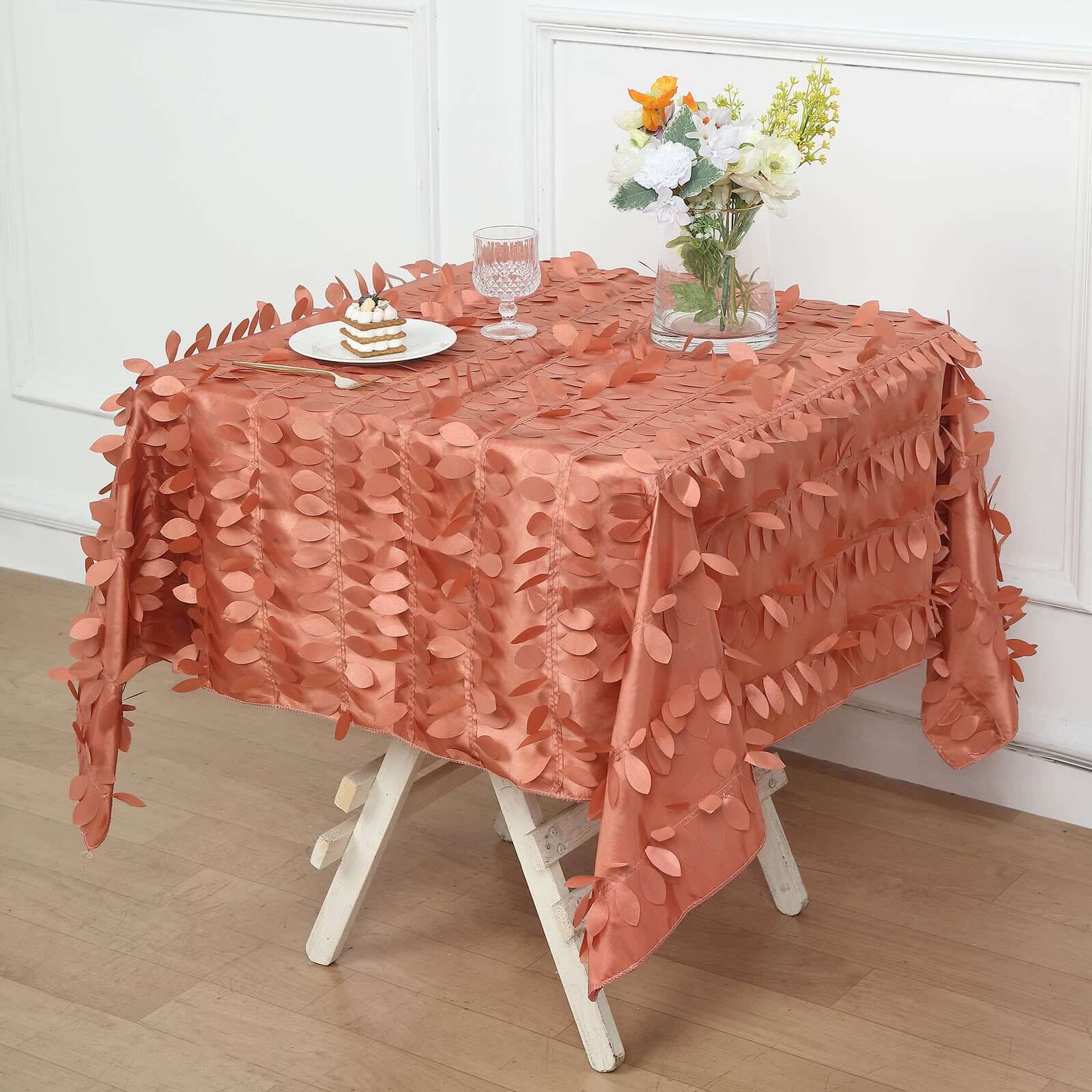 Taffeta Square Tablecloth 54"x54" Terracotta (Rust) - 3D Leaf Petal Table Cover - Image 5