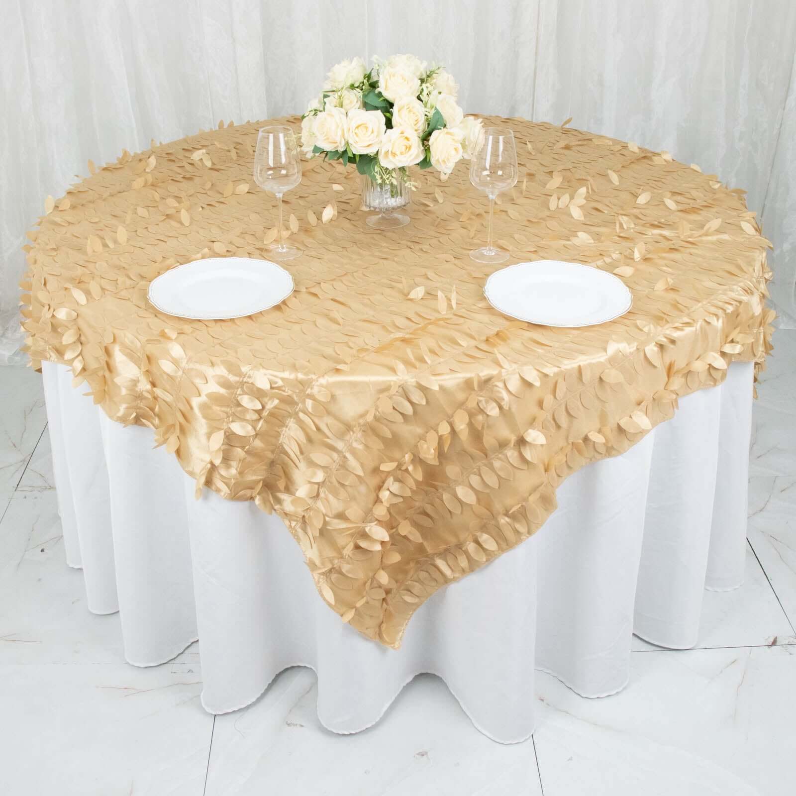 Taffeta Table Overlay 72"x72" Champagne - 3D Leaf Petal Table Topper - Image 11