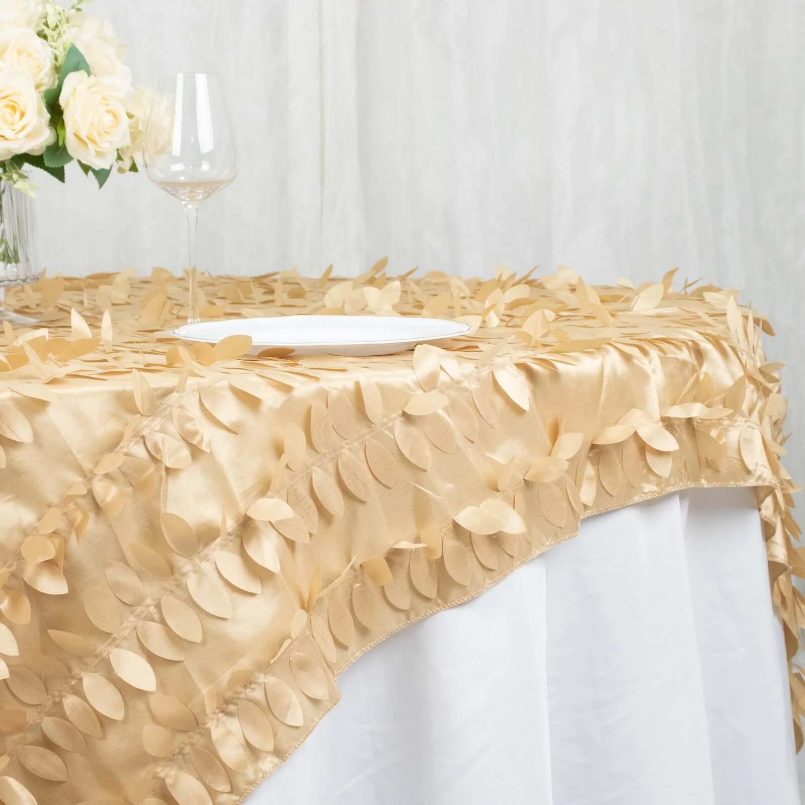 Taffeta Table Overlay 72"x72" Champagne - 3D Leaf Petal Table Topper - Image 2