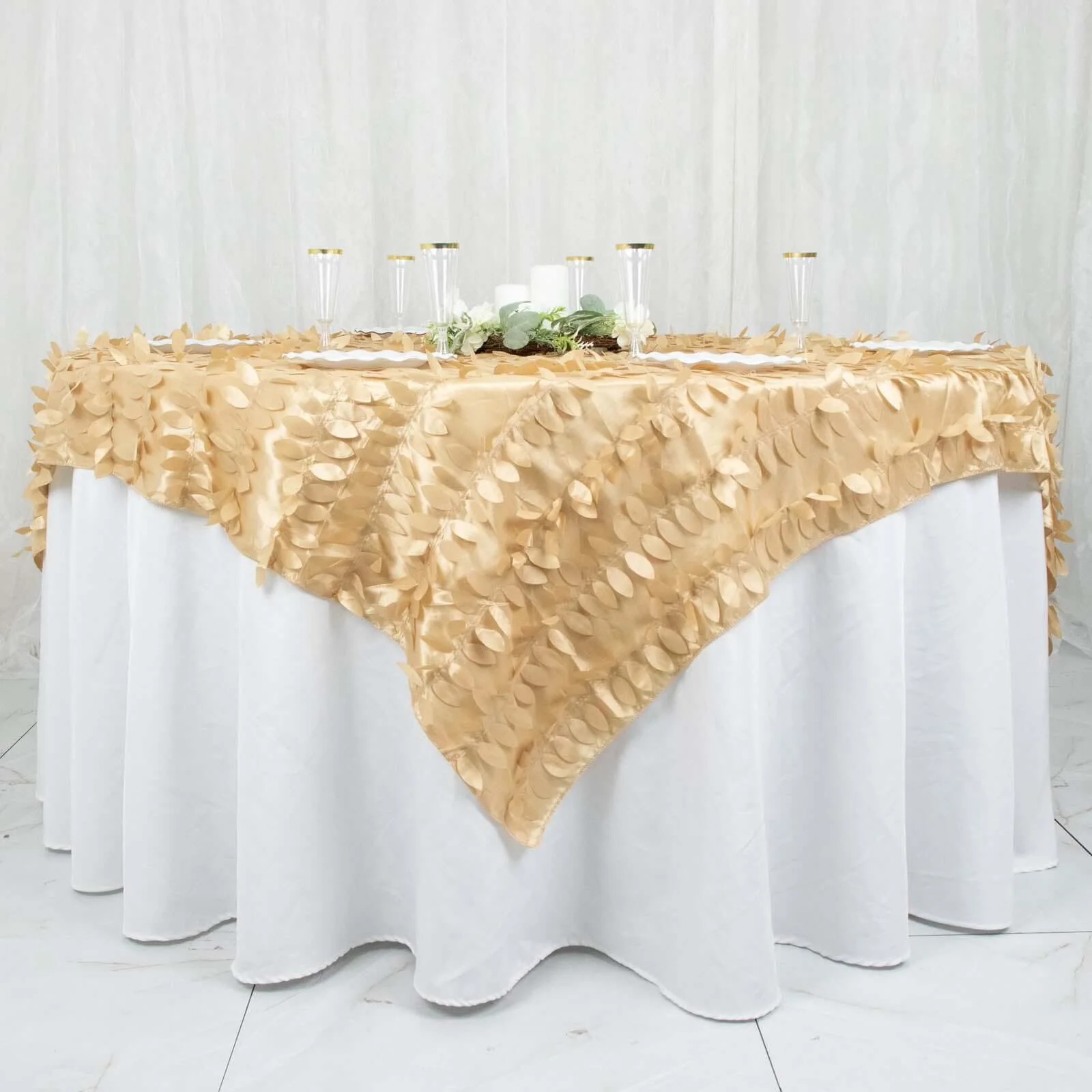 Taffeta Table Overlay 72"x72" Champagne - 3D Leaf Petal Table Topper - Image 4