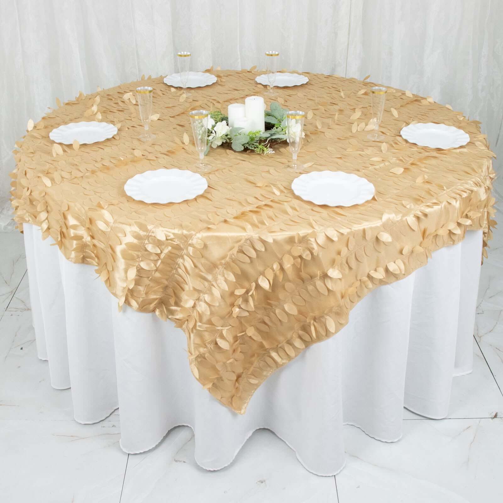 Taffeta Table Overlay 72"x72" Champagne - 3D Leaf Petal Table Topper - Image 5