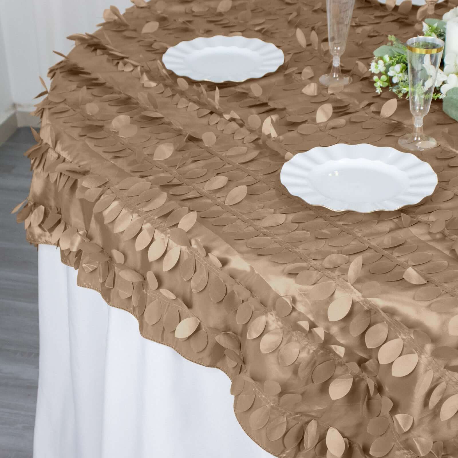 Taffeta Table Overlay 72"x72" Taupe - 3D Leaf Petal Table Topper - Image 4