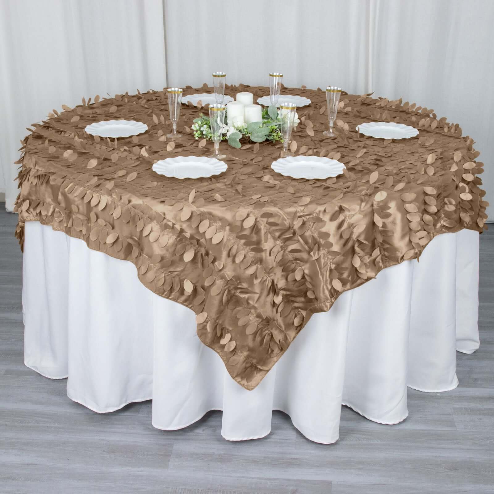 Taffeta Table Overlay 72"x72" Taupe - 3D Leaf Petal Table Topper - Image 9