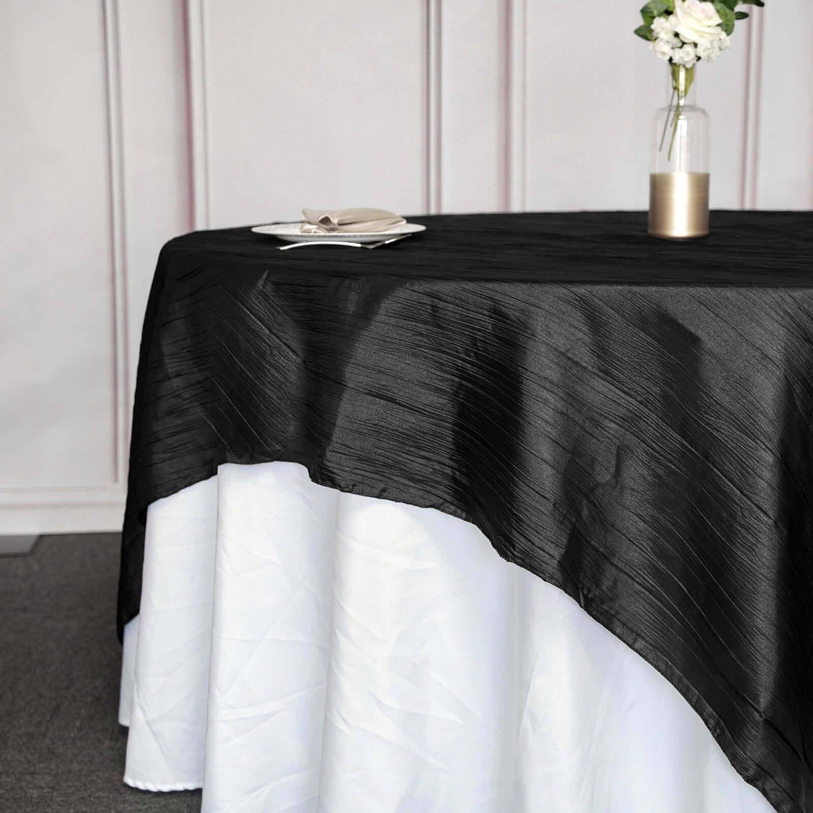 Taffeta Table Overlay 90"x90" Black - Accordion Crinkle Table Topper - Image 2