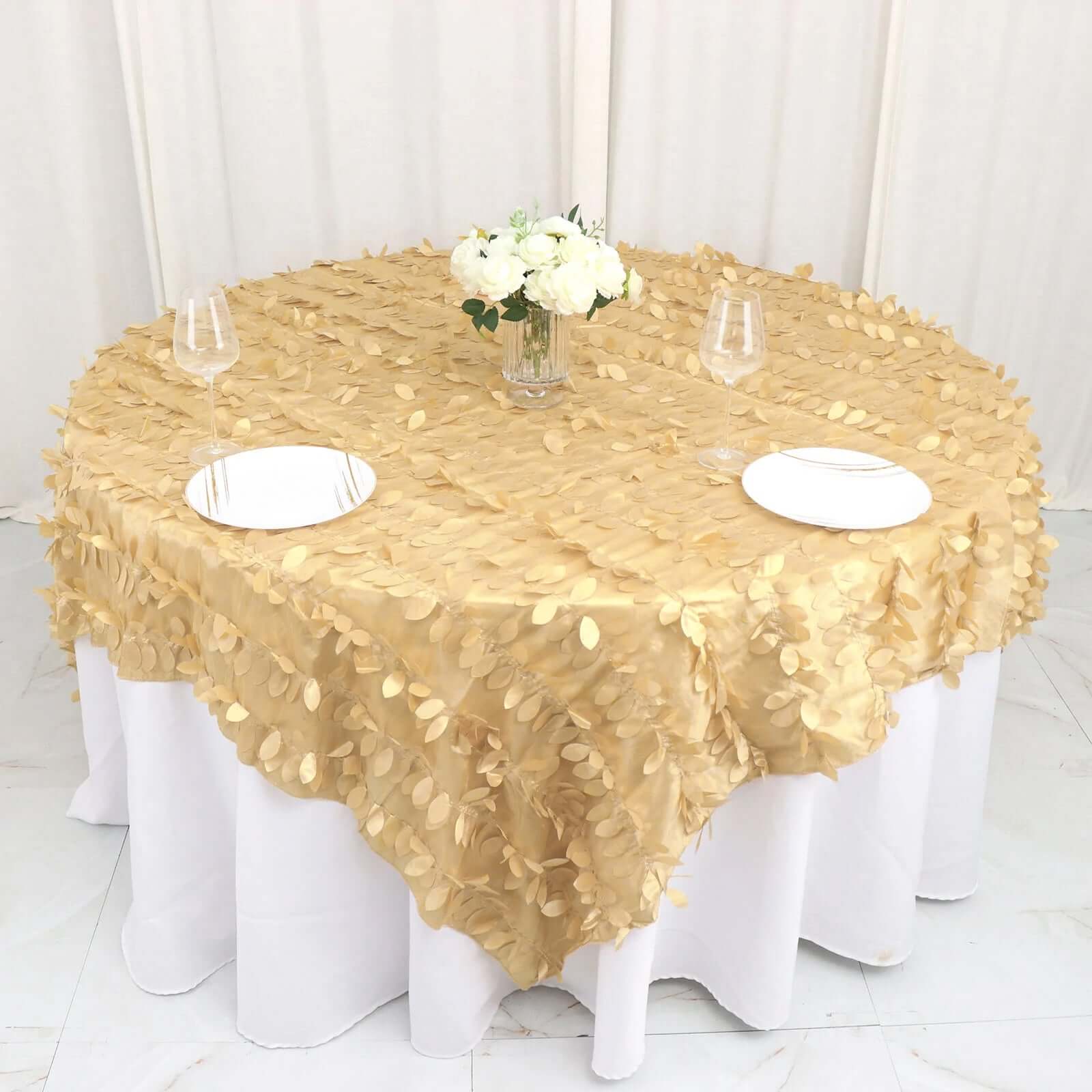 Taffeta Table Overlay 90"x90" Champagne - Leaf Petal Table Topper - Image 10