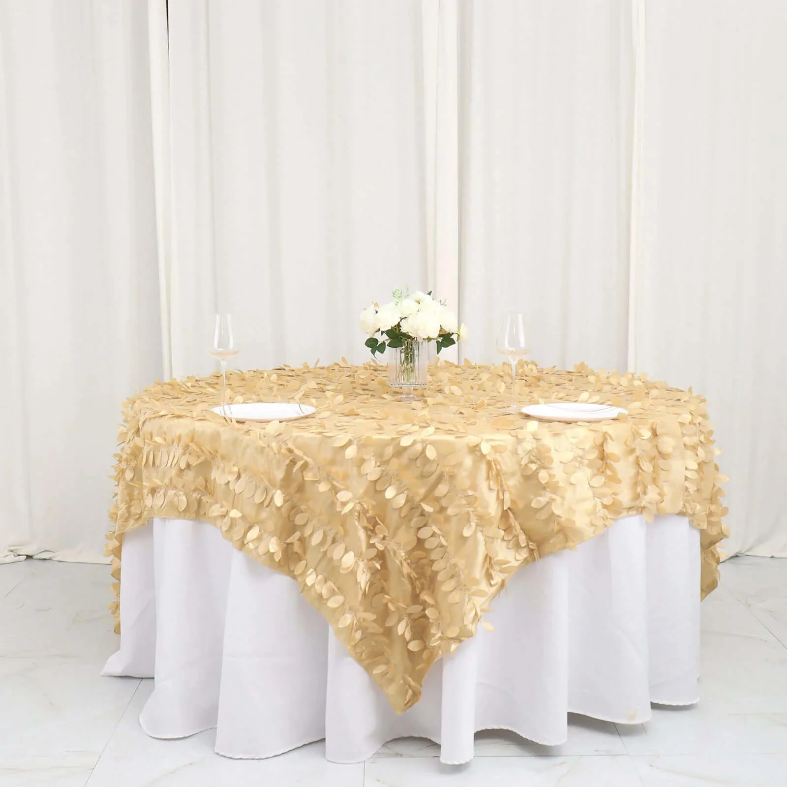 Taffeta Table Overlay 90"x90" Champagne - Leaf Petal Table Topper - Image 2
