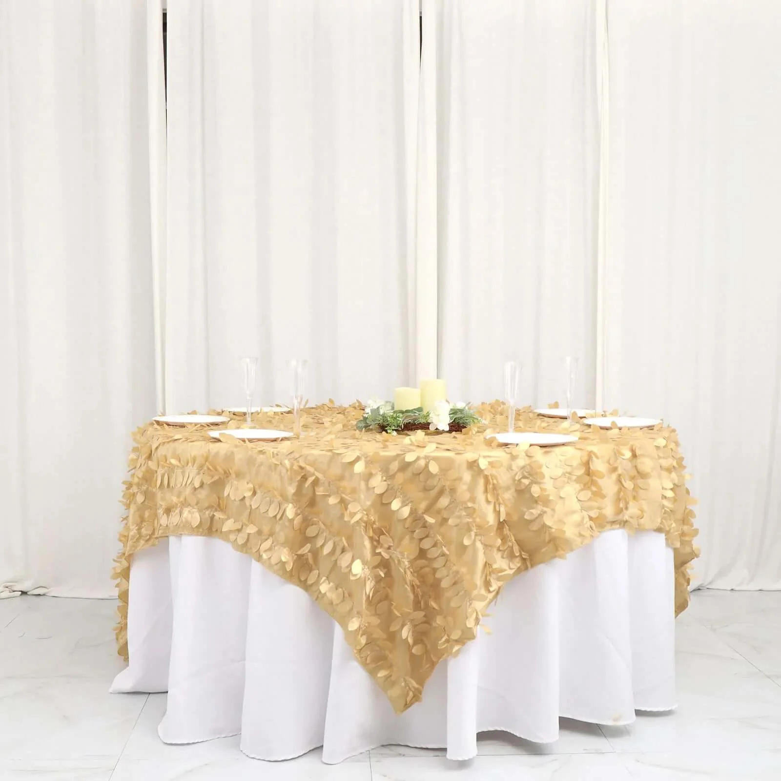 Taffeta Table Overlay 90"x90" Champagne - Leaf Petal Table Topper - Image 4