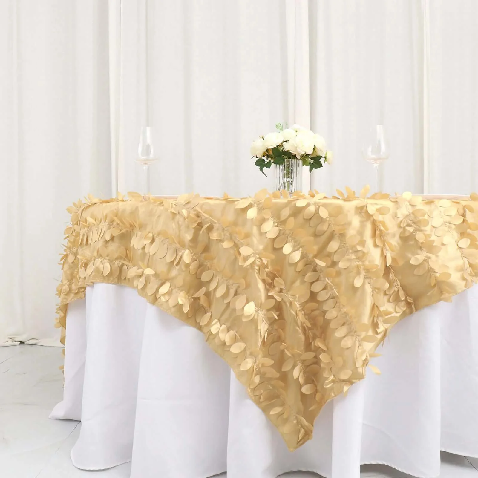 Taffeta Table Overlay 90"x90" Champagne - Leaf Petal Table Topper - Image 5