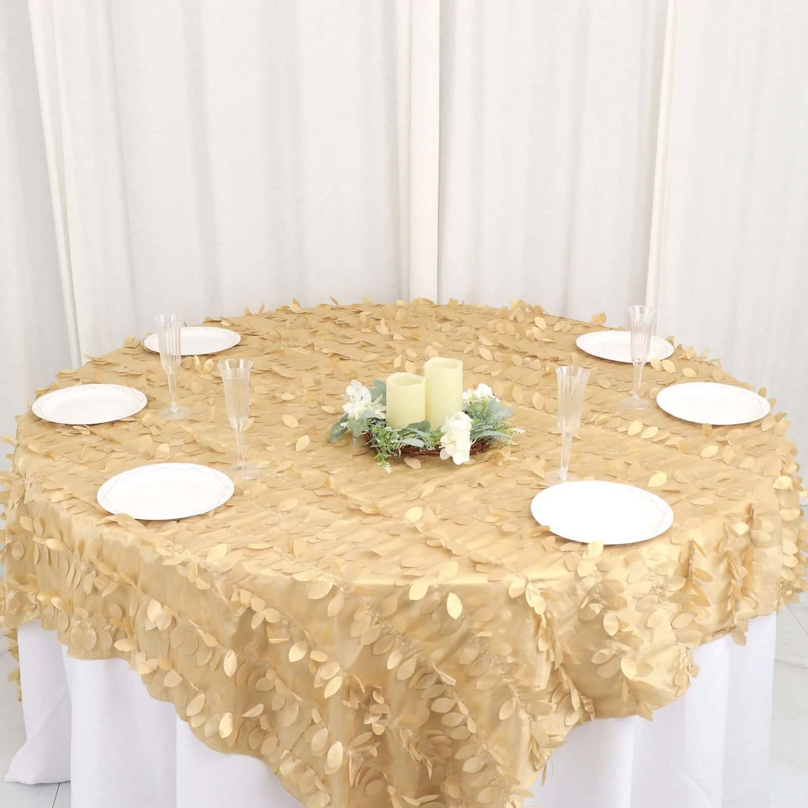 Taffeta Table Overlay 90"x90" Champagne - Leaf Petal Table Topper - Image 9