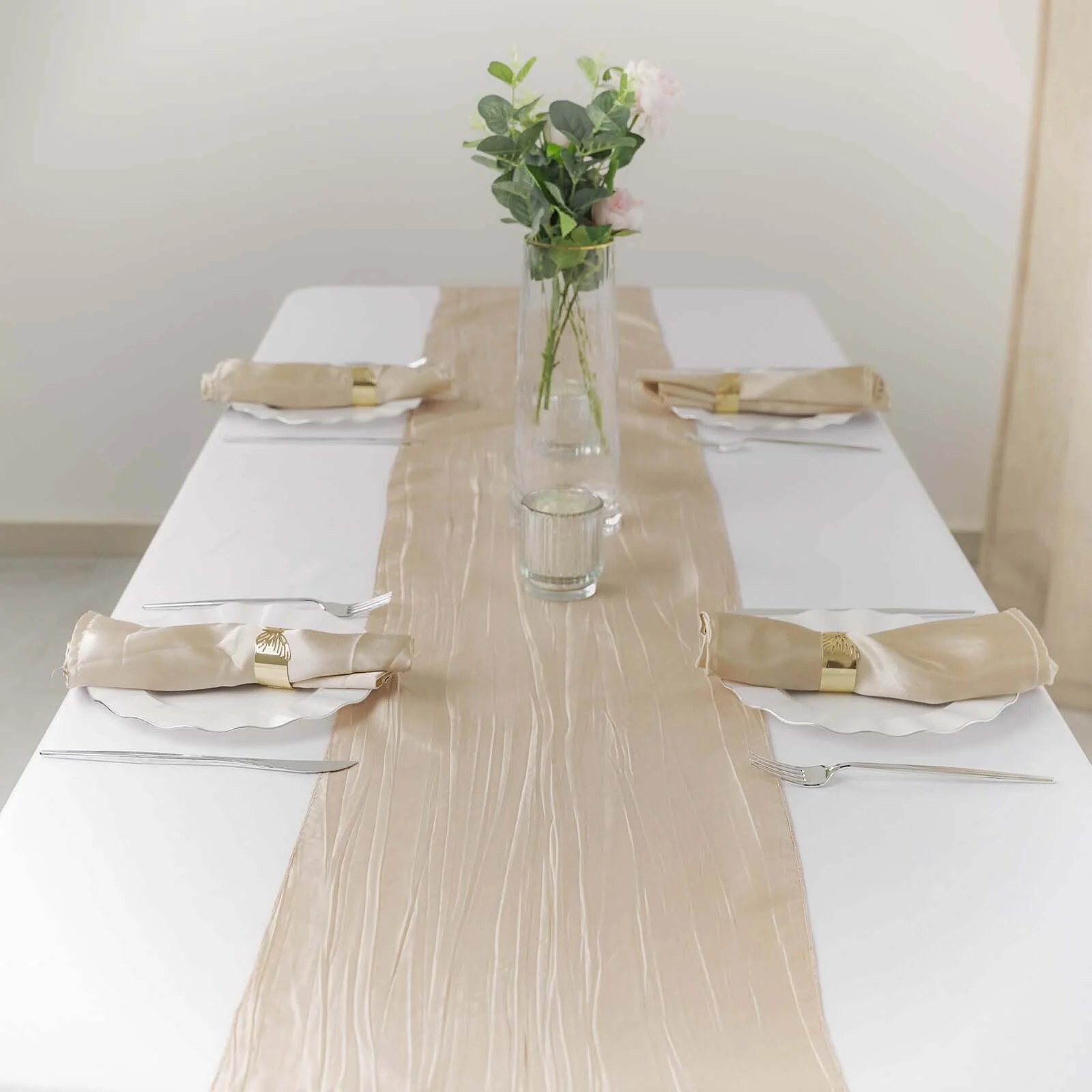 Taffeta Table Runner 12"x108" Beige - Accordion Crinkle Table Linen - Image 2