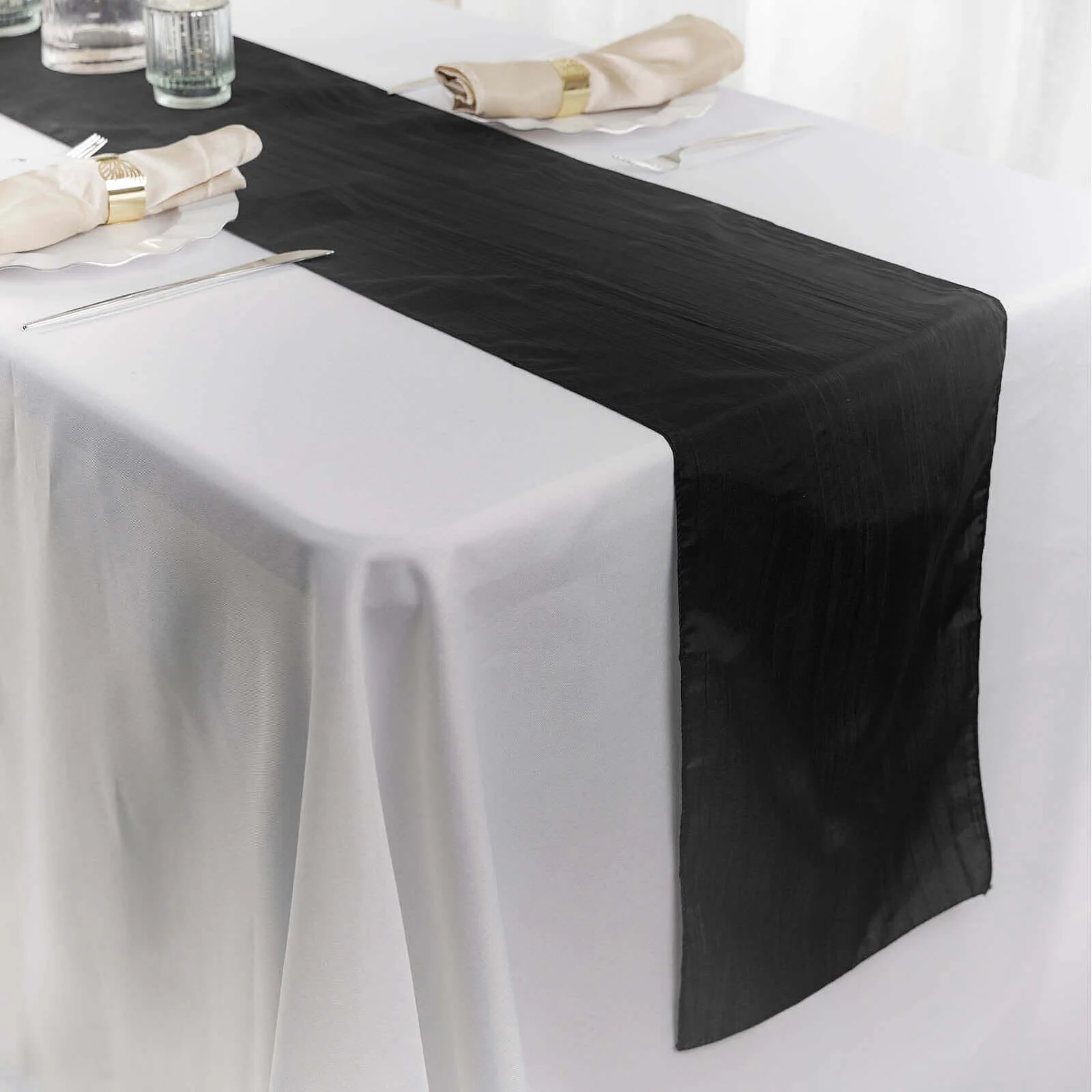 Taffeta Table Runner 12"x108" Black - Accordion Crinkle Table Linen for Stylish Events - Image 6