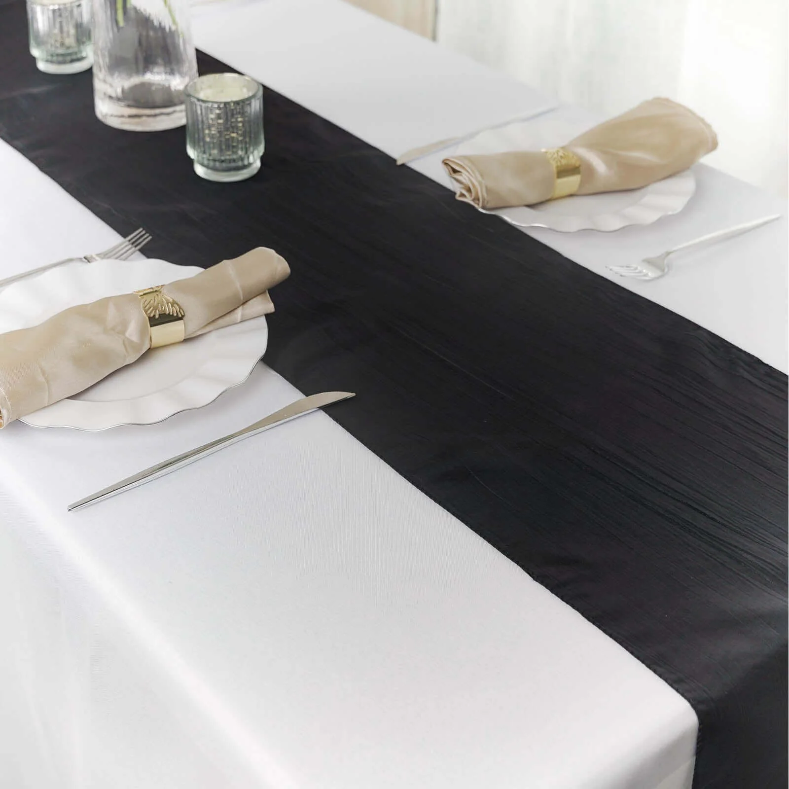 Taffeta Table Runner 12"x108" Black - Accordion Crinkle Table Linen for Stylish Events - Image 7