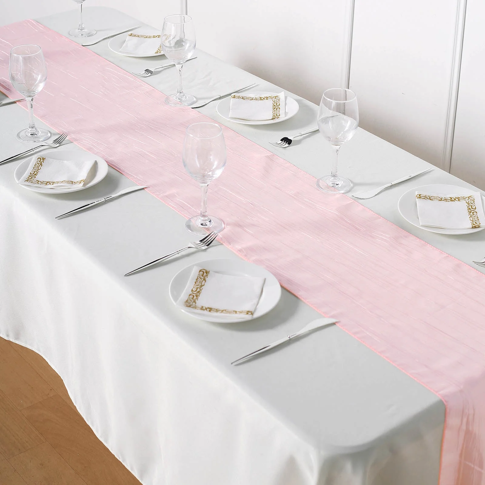 Taffeta Table Runner 12"x108" Blush - Accordion Crinkle Table Linen - Image 2
