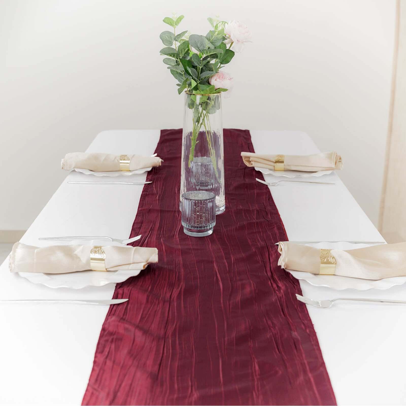 Taffeta Table Runner 12"x108" Burgundy - Accordion Crinkle Table Linen - Image 2