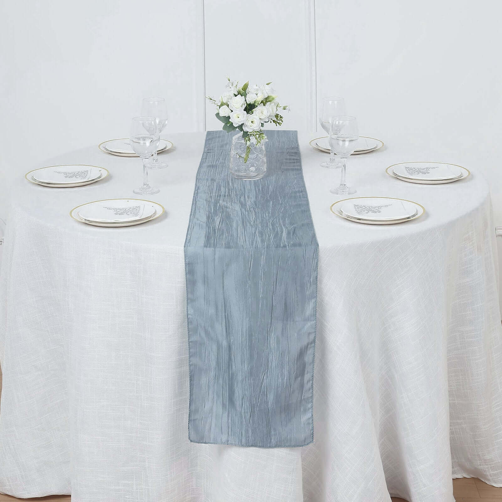 Taffeta Table Runner 12"x108" Dusty Blue - Accordion Crinkle Table Linen - Image 6