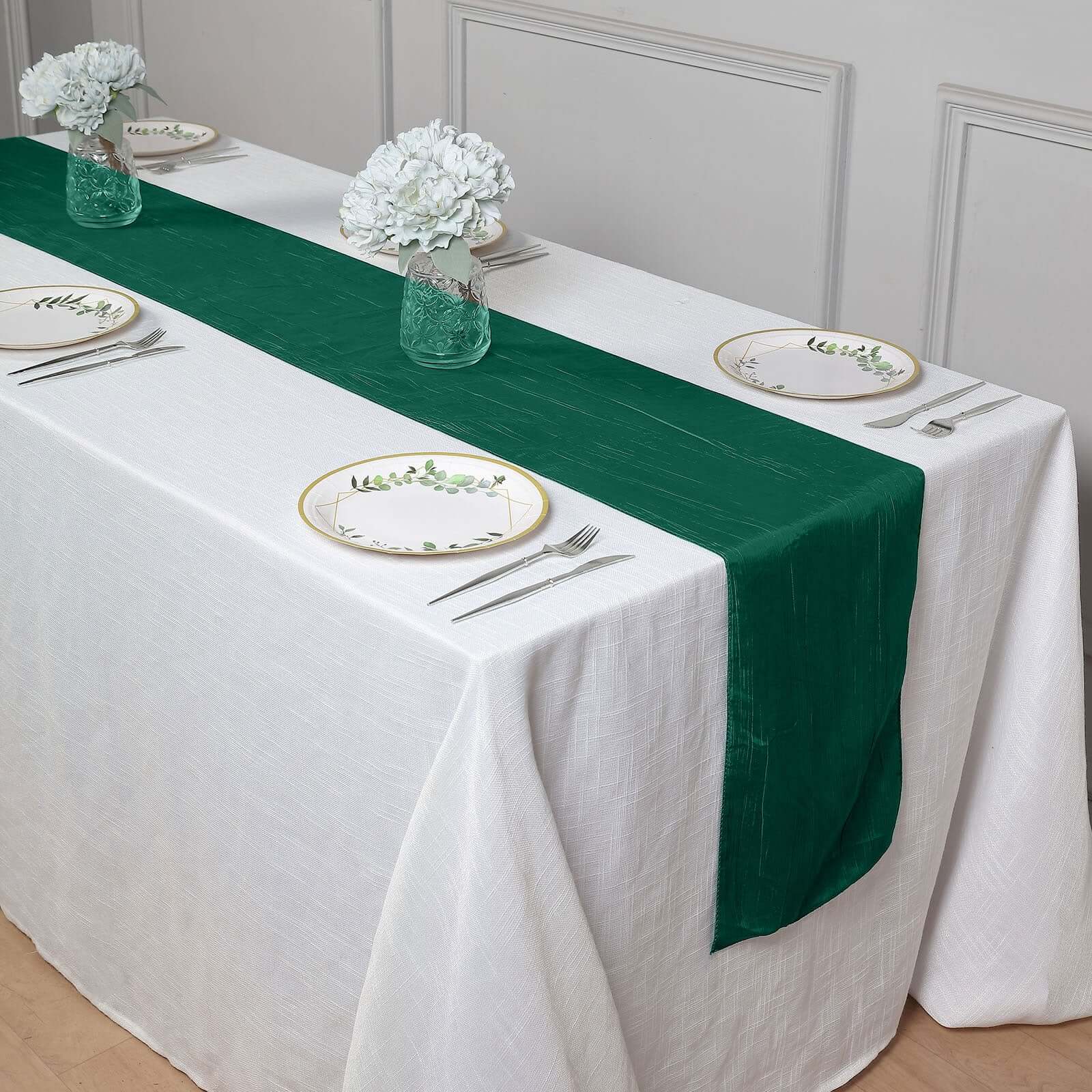 Taffeta Table Runner 12"x108" Hunter Emerald Green - Accordion Crinkle Table Linen - Image 2