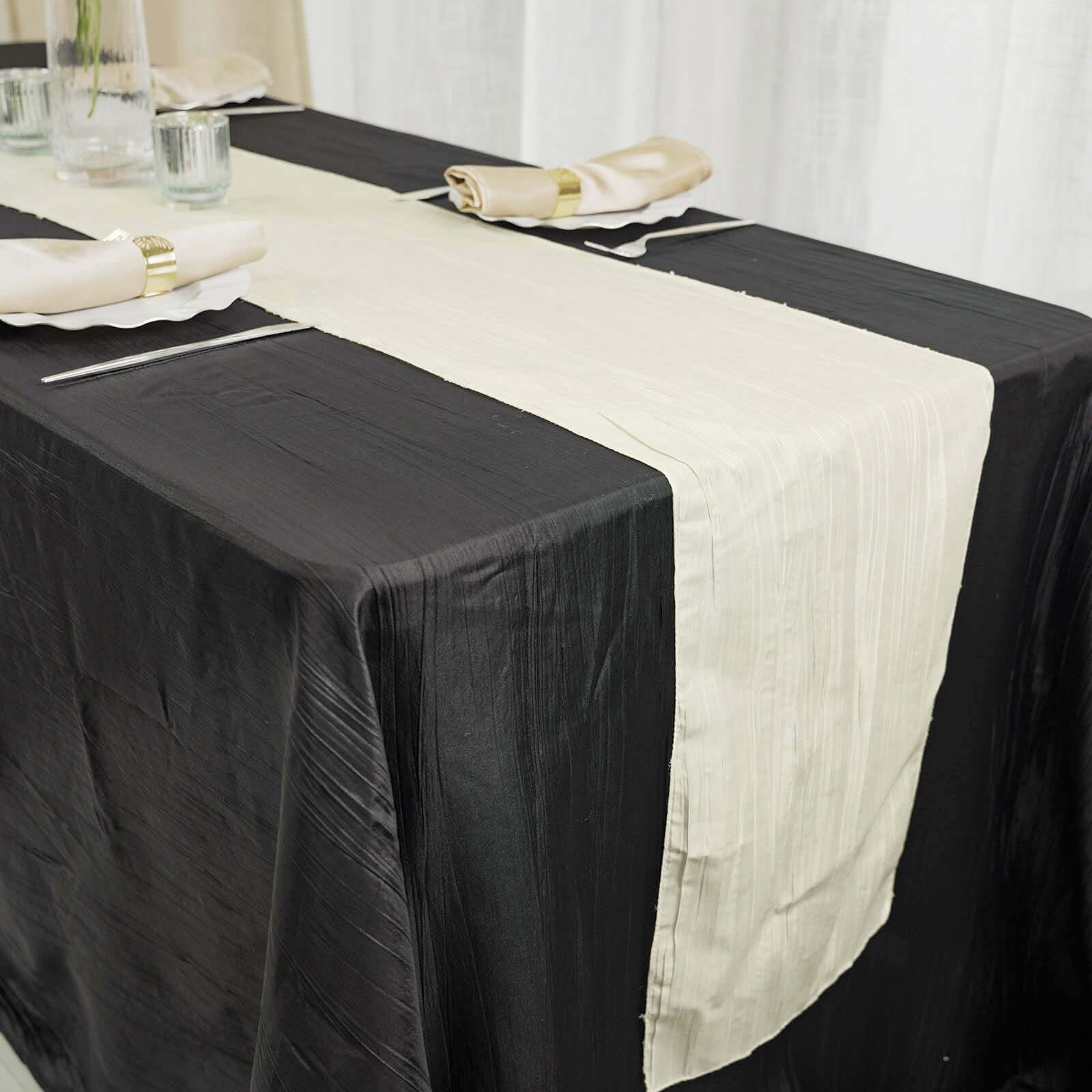 Taffeta Table Runner 12"x108" Ivory - Accordion Crinkle Table Linen - Image 2