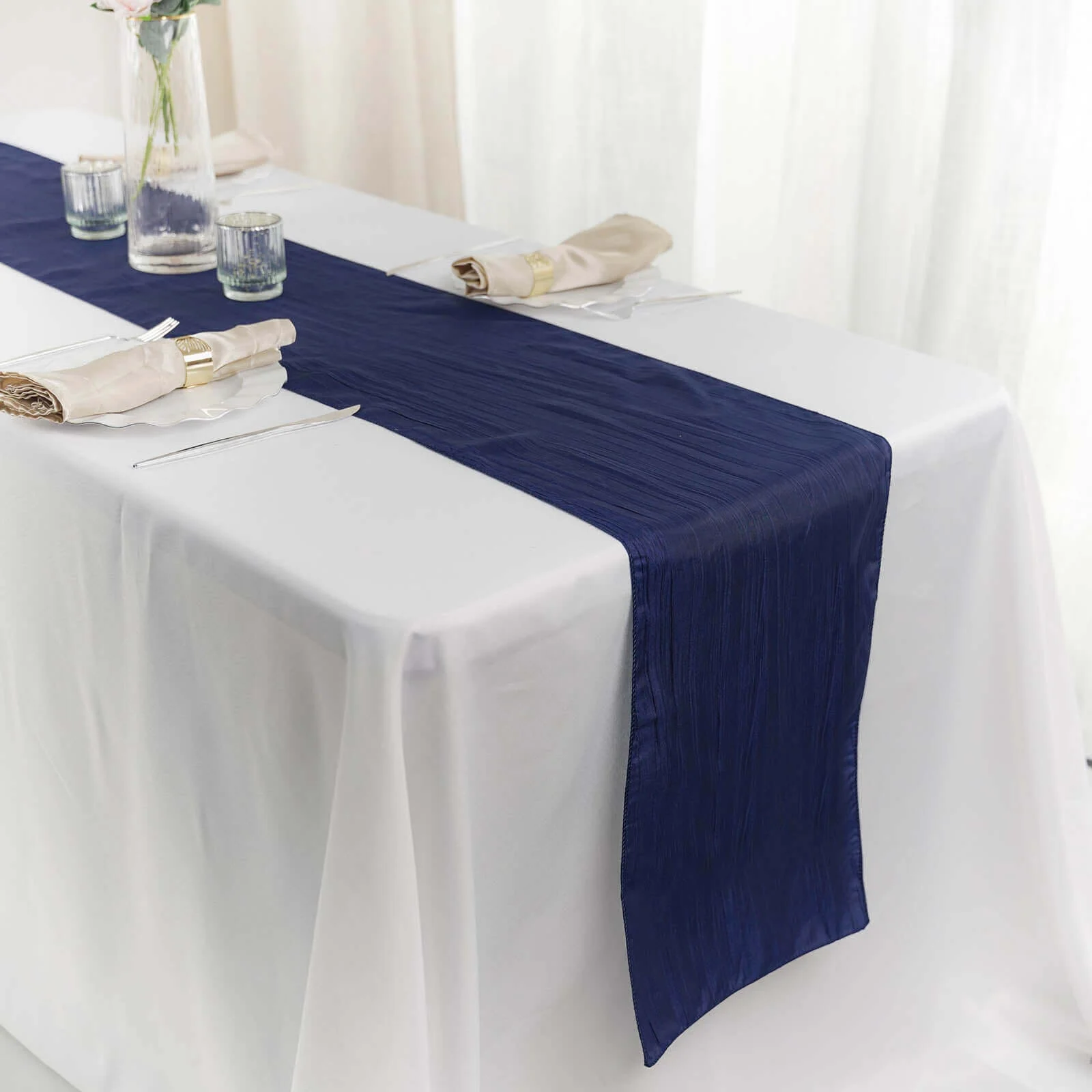 Taffeta Table Runner 12"x108" Navy Blue - Accordion Crinkle Table Linen - Image 3