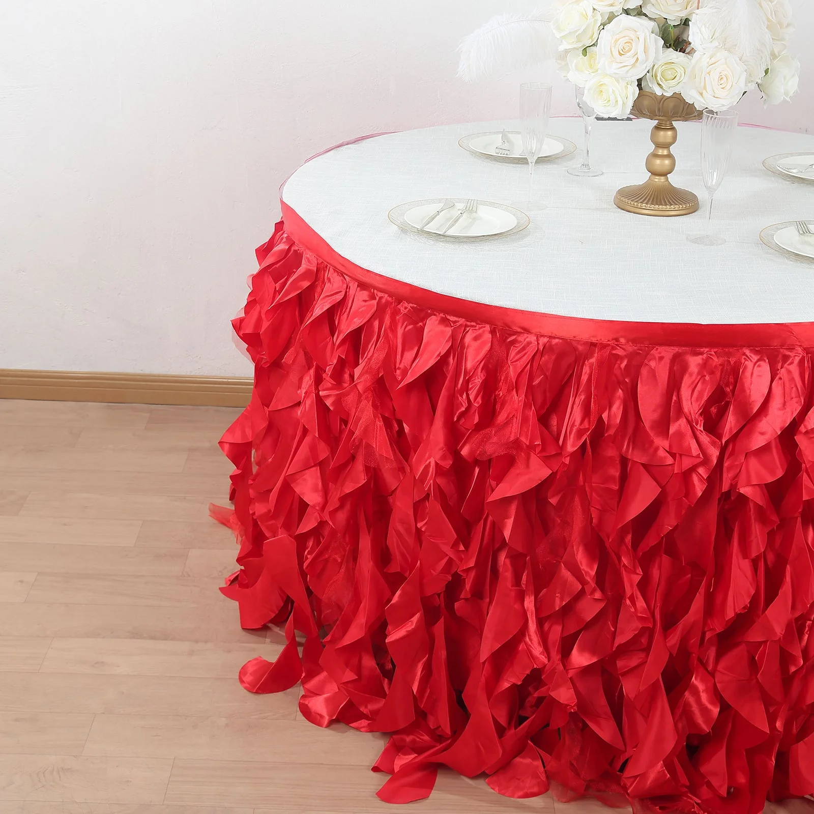 Taffeta Table Skirt 17ft Red - Curly Willow Table Cover - Image 2