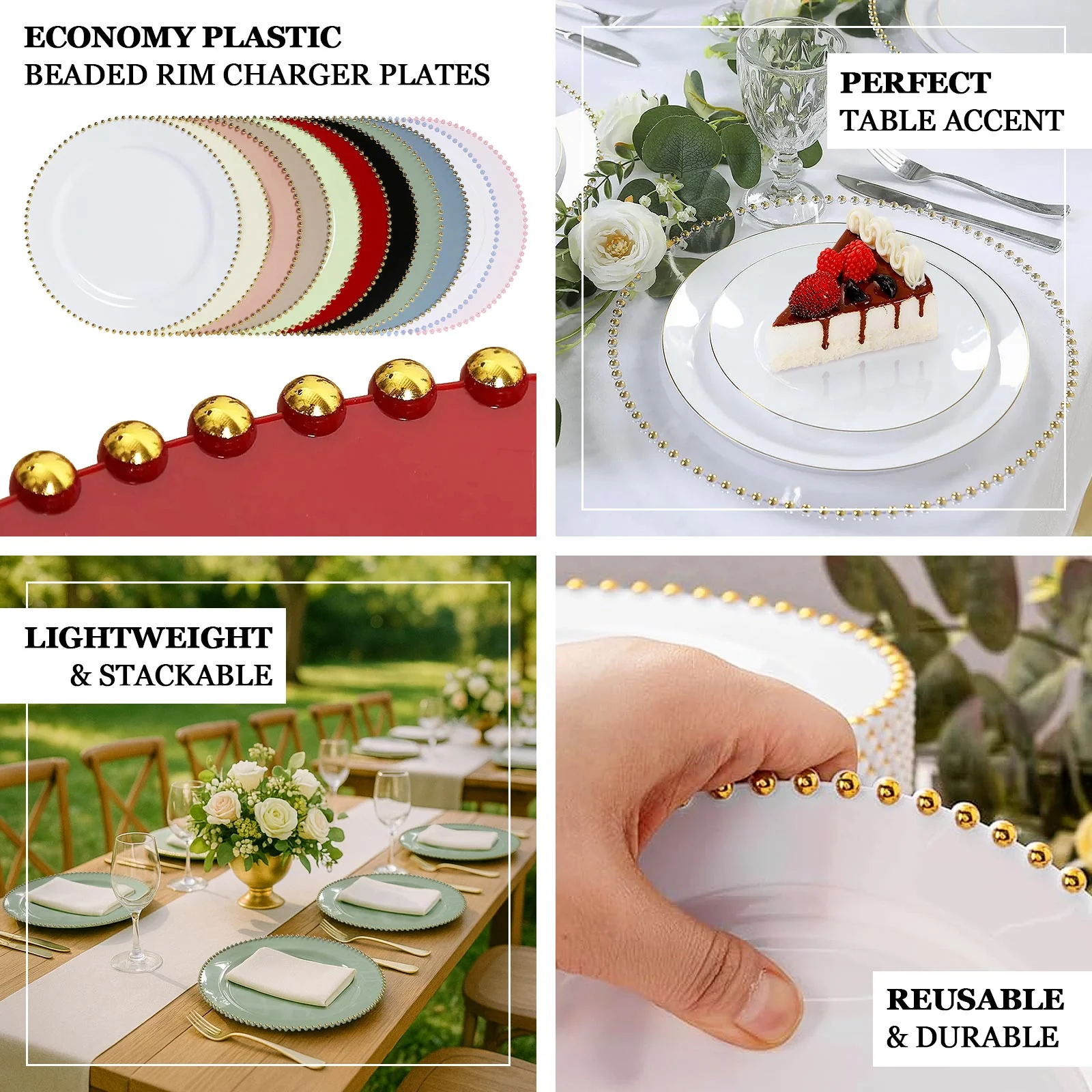 10-Pack Economy Plastic Charger Plates 13" Round Taupe with Gold Beaded Rim - Stylish Dinner Party Serving Plates - Image 3