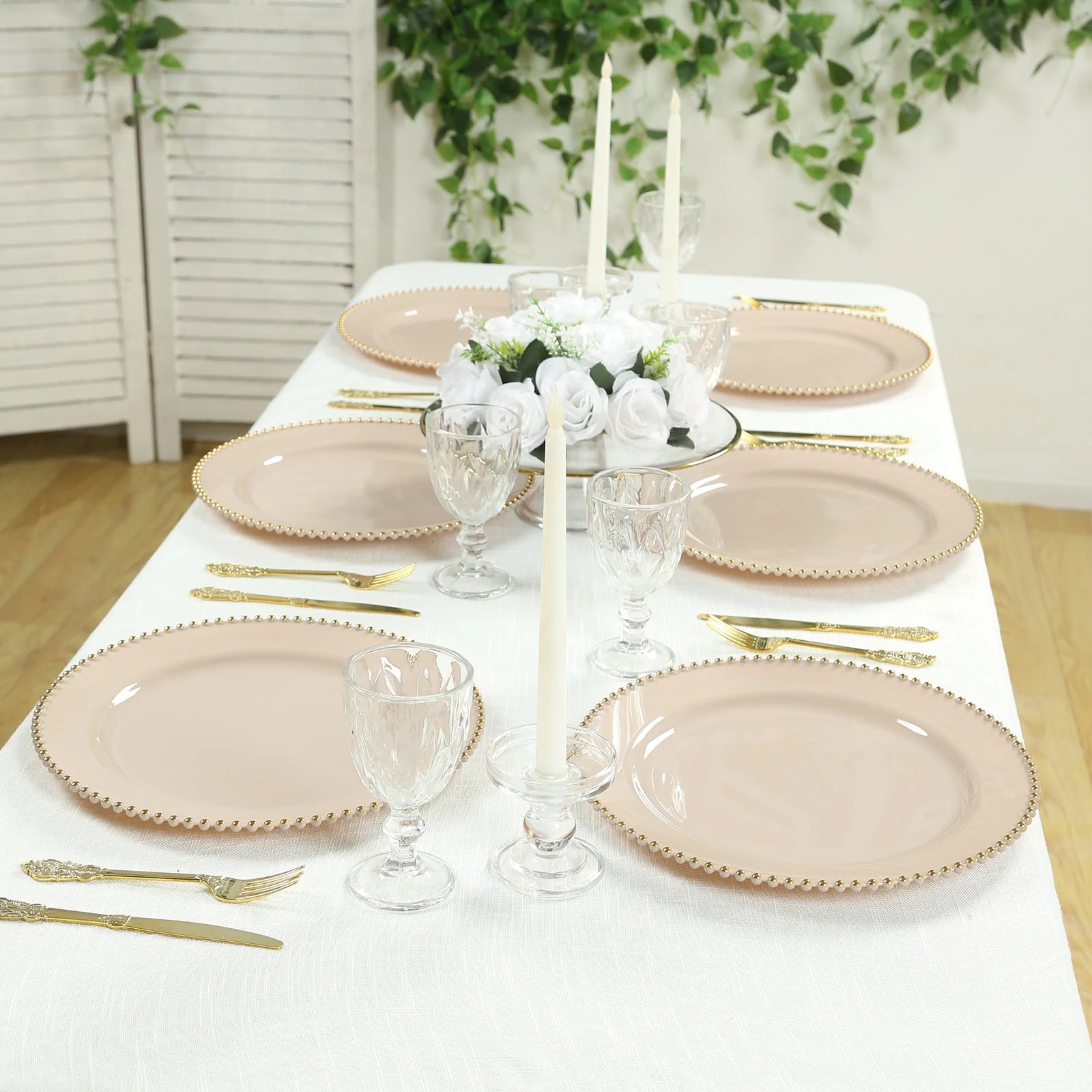 10-Pack Economy Plastic Charger Plates 13" Round Taupe with Gold Beaded Rim - Stylish Dinner Party Serving Plates - Image 6