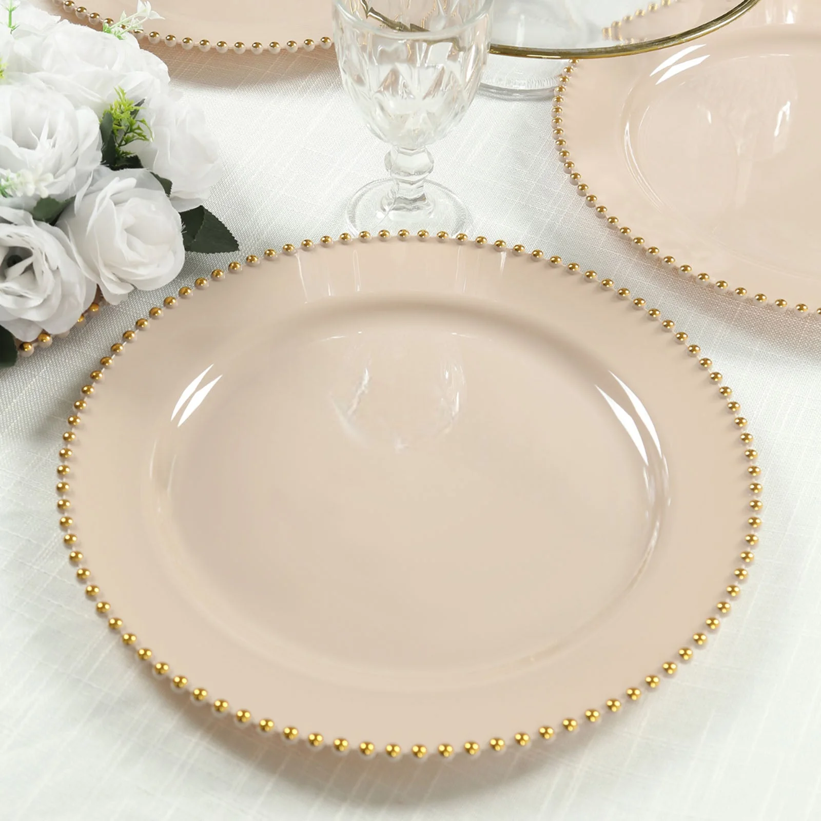 10-Pack Economy Plastic Charger Plates 13" Round Taupe with Gold Beaded Rim - Stylish Dinner Party Serving Plates - Image 7