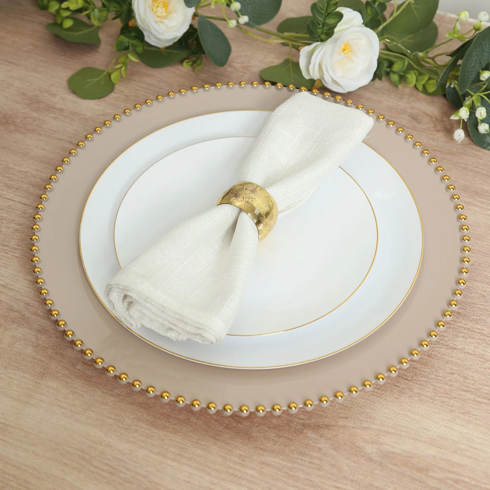 10-Pack Economy Plastic Charger Plates 13" Round Taupe with Gold Beaded Rim - Stylish Dinner Party Serving Plates - Image 8
