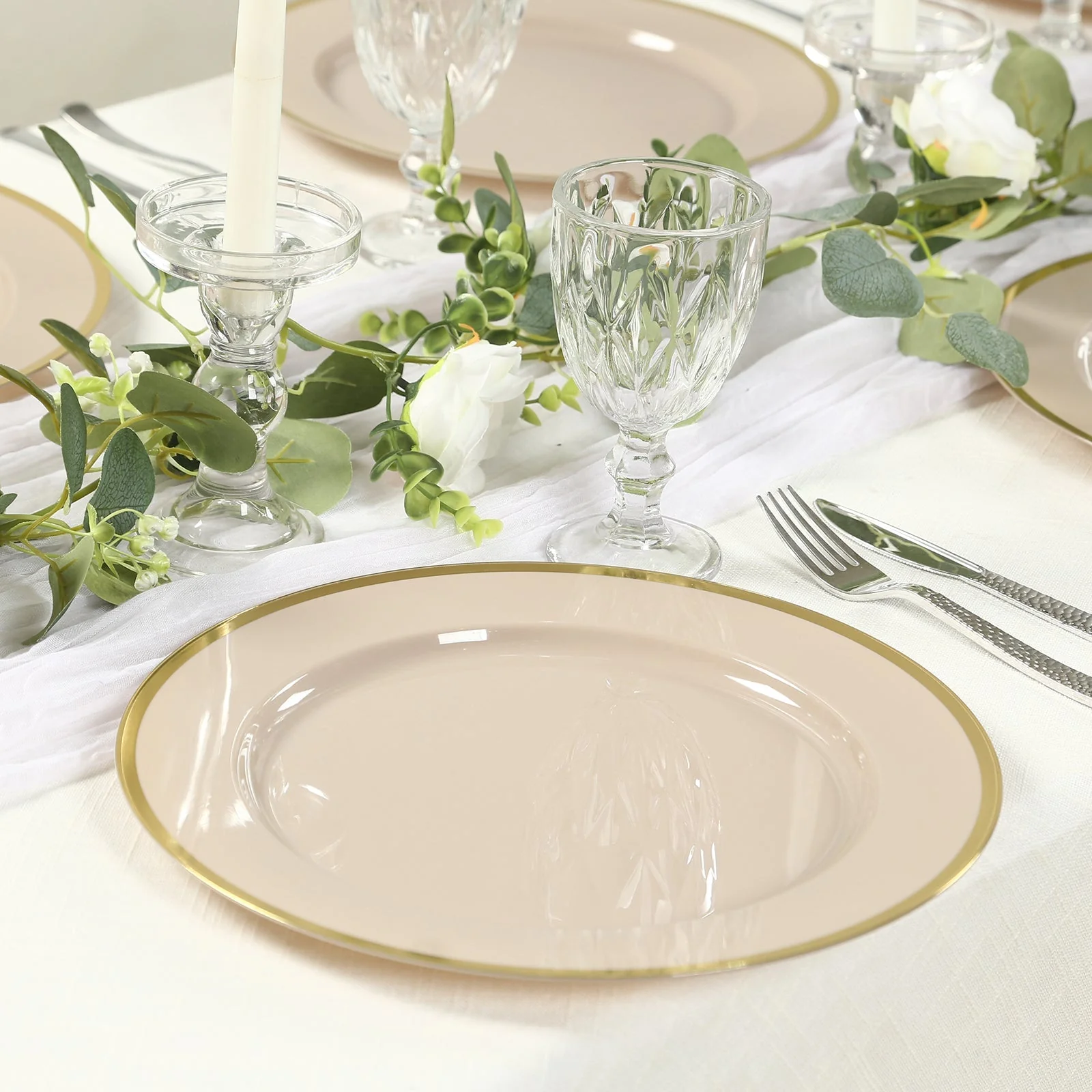 10 Pack Taupe Economy Plastic Charger Plates With Gold Rim, Round Dinner Chargers Event Tabletop Decor - 12" - Image 4