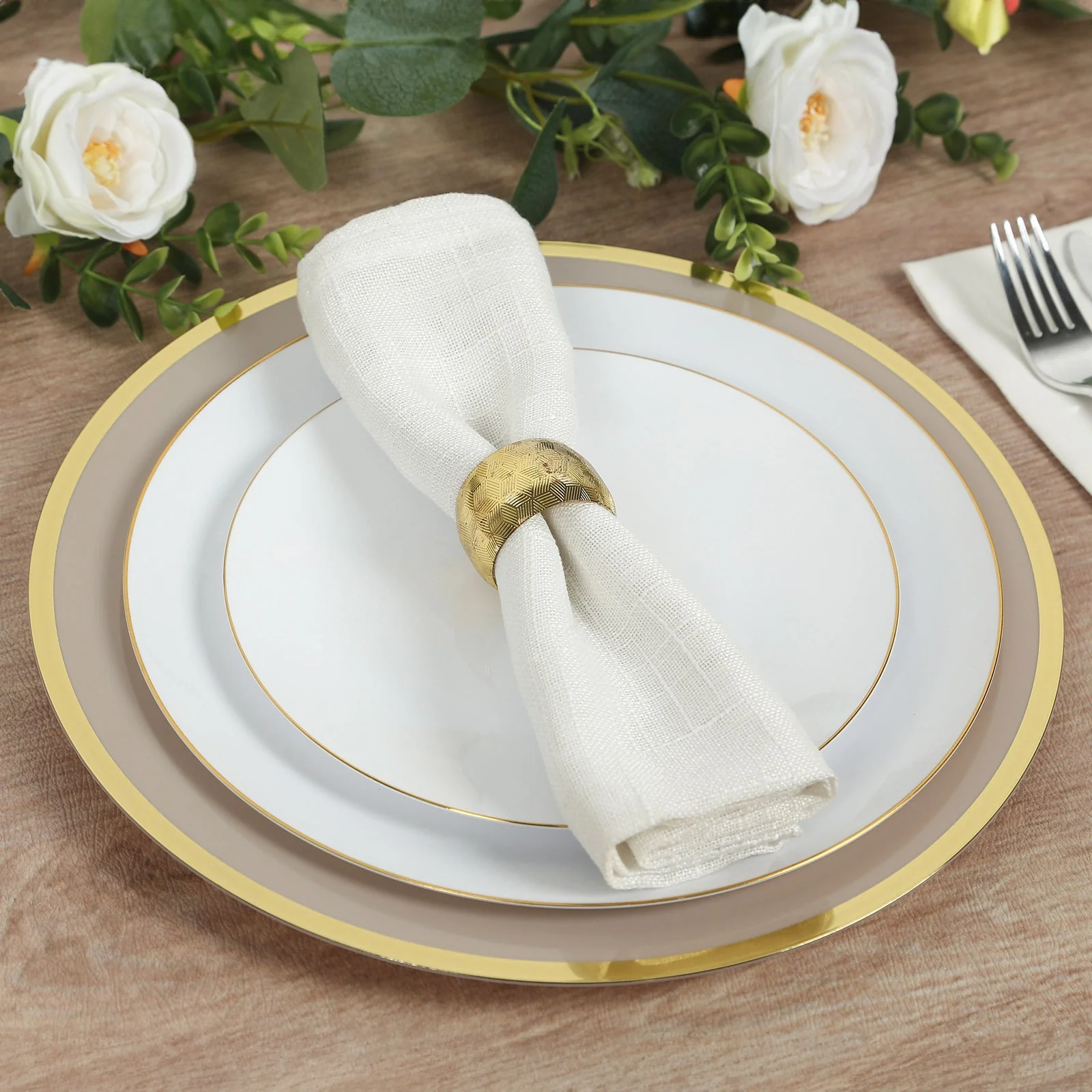 10 Pack Taupe Economy Plastic Charger Plates With Gold Rim, Round Dinner Chargers Event Tabletop Decor - 12" - Image 8