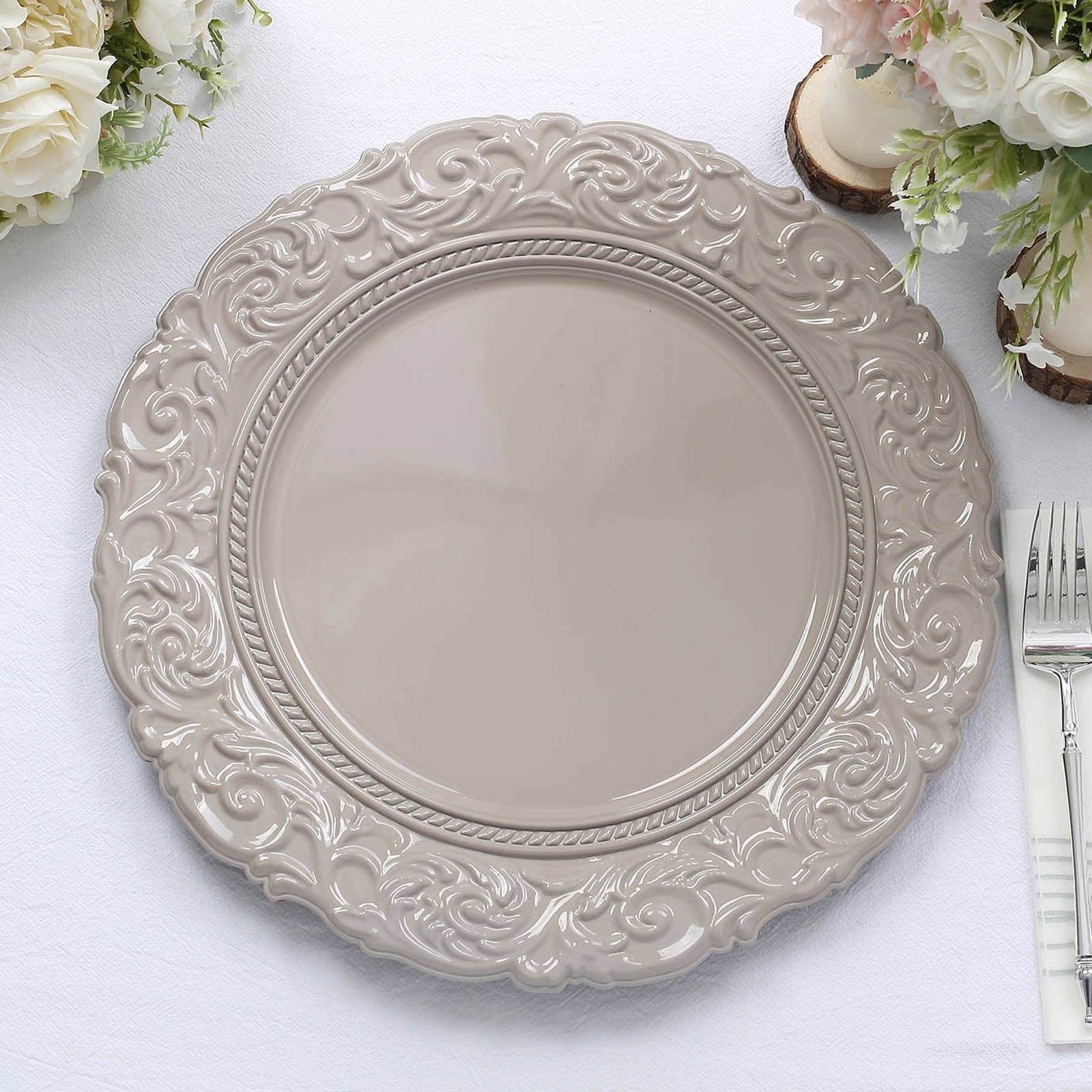 6-Pack Acrylic Charger Plates 14" Round Taupe with Engraved Baroque Rim - Vintage Disposable Decorative Chargers