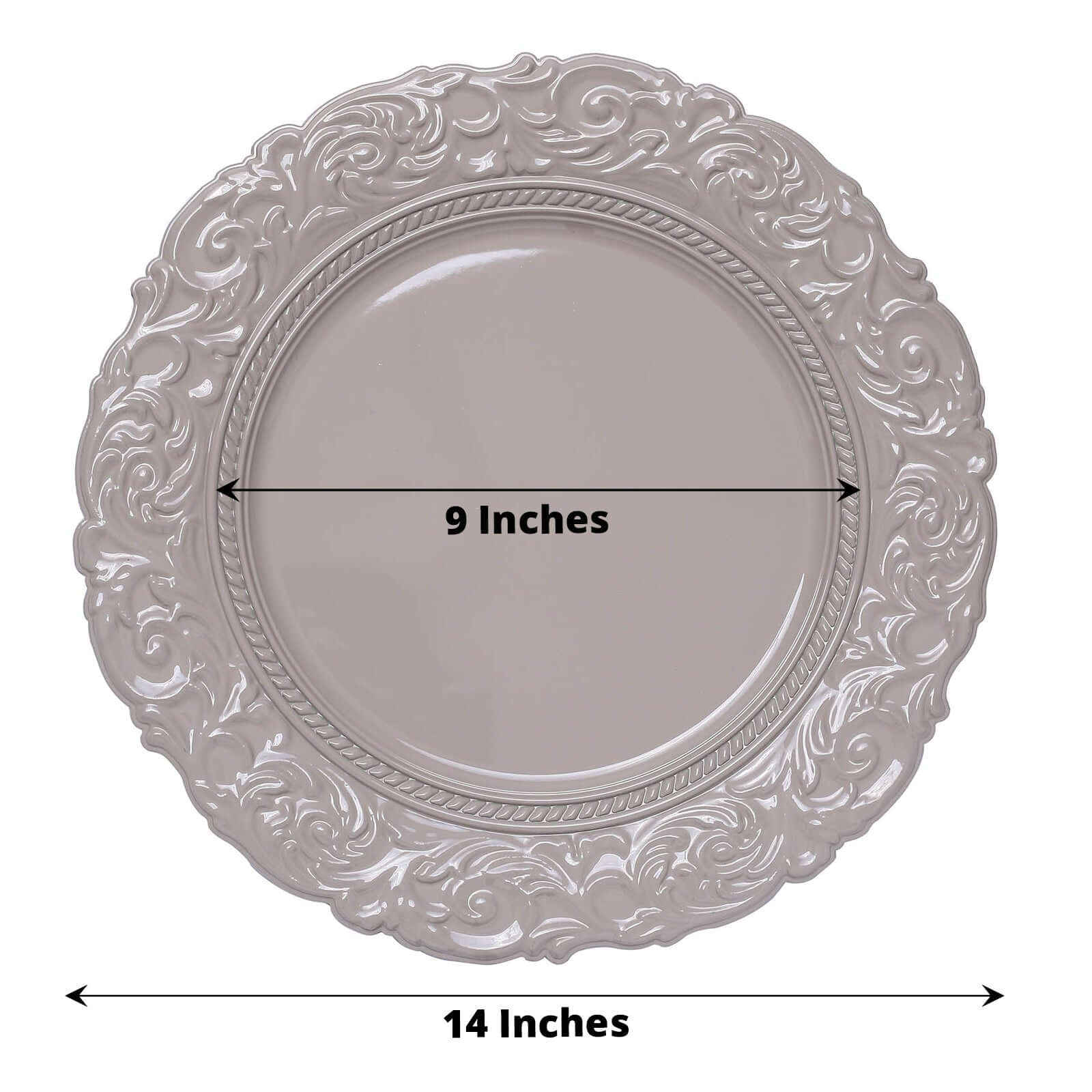 6-Pack Acrylic Charger Plates 14" Round Taupe with Engraved Baroque Rim - Vintage Disposable Decorative Chargers - Image 3