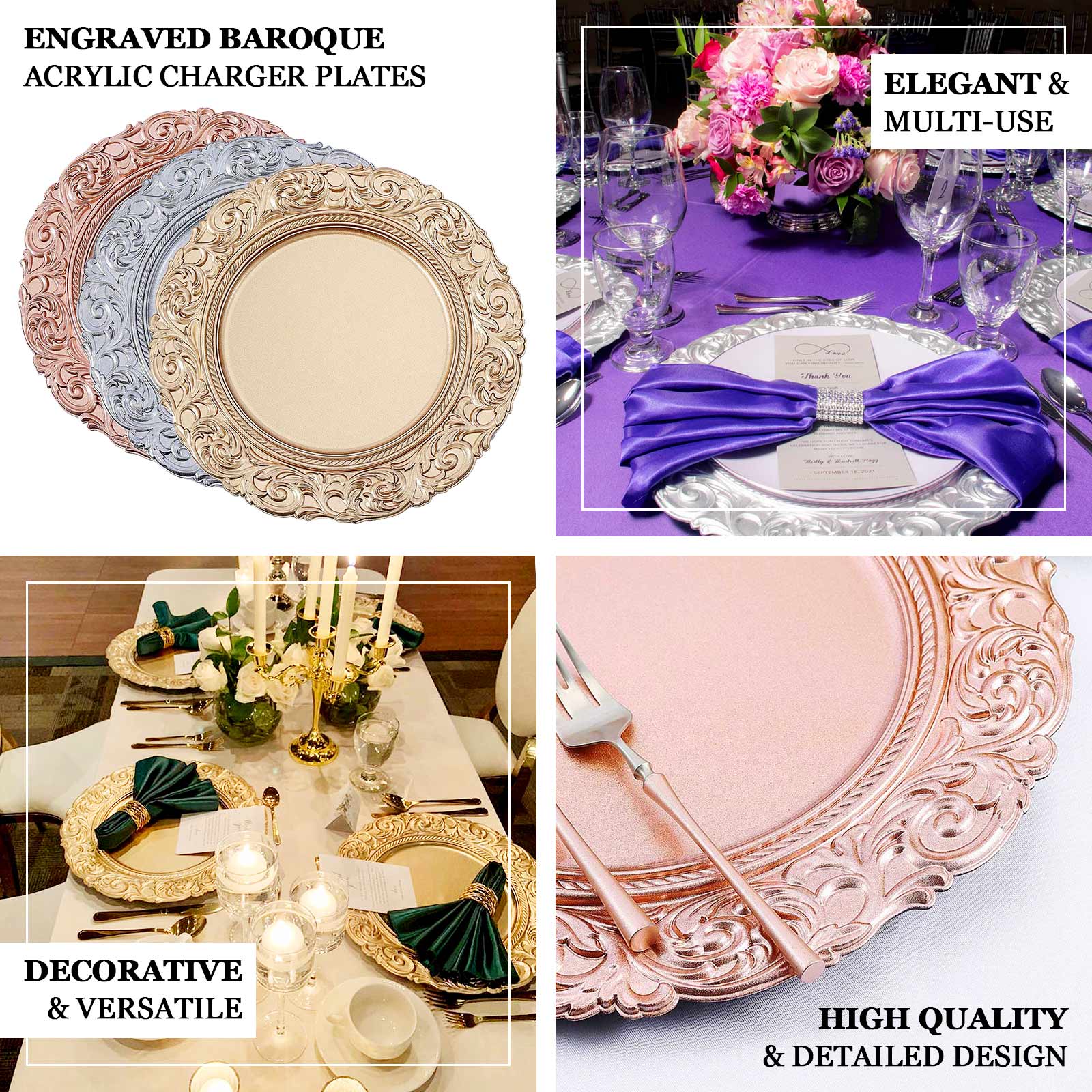 6-Pack Acrylic Charger Plates 14" Round Taupe with Engraved Baroque Rim - Vintage Disposable Decorative Chargers - Image 4