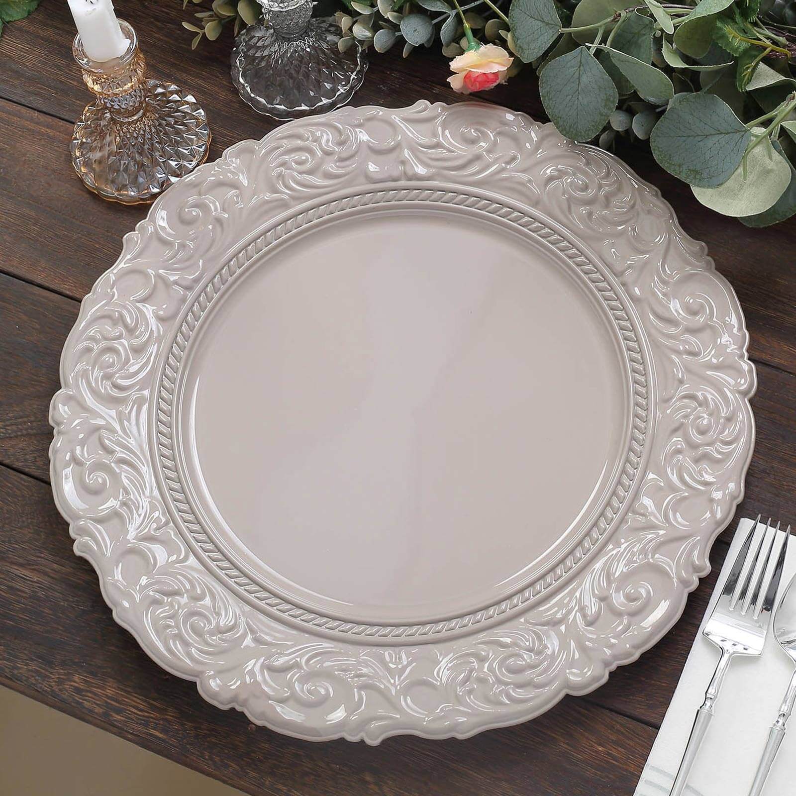 6-Pack Acrylic Charger Plates 14" Round Taupe with Engraved Baroque Rim - Vintage Disposable Decorative Chargers - Image 6